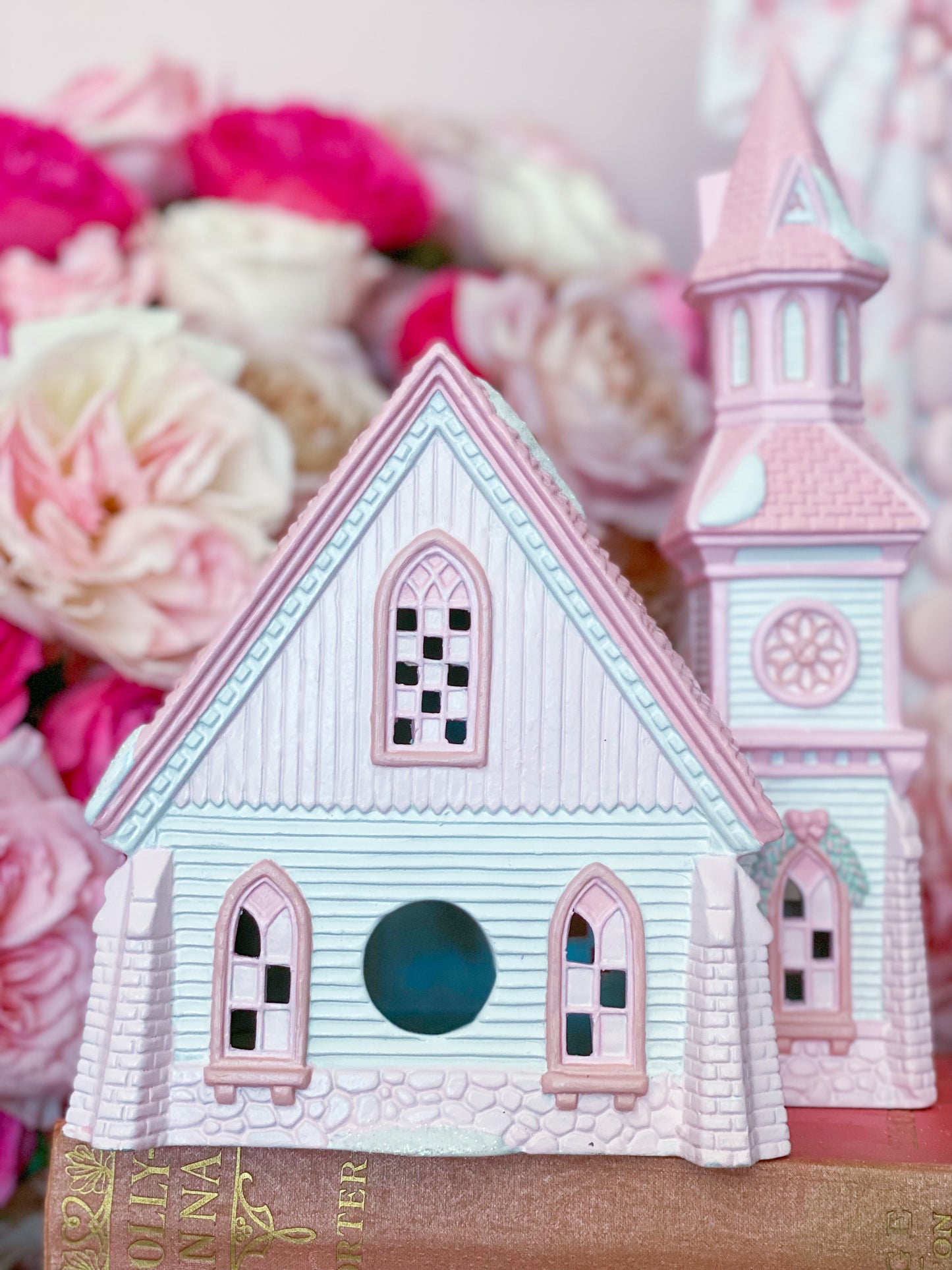 Bespoke Pastel Pink and White Hand Painted Easter or Christmas Village Church