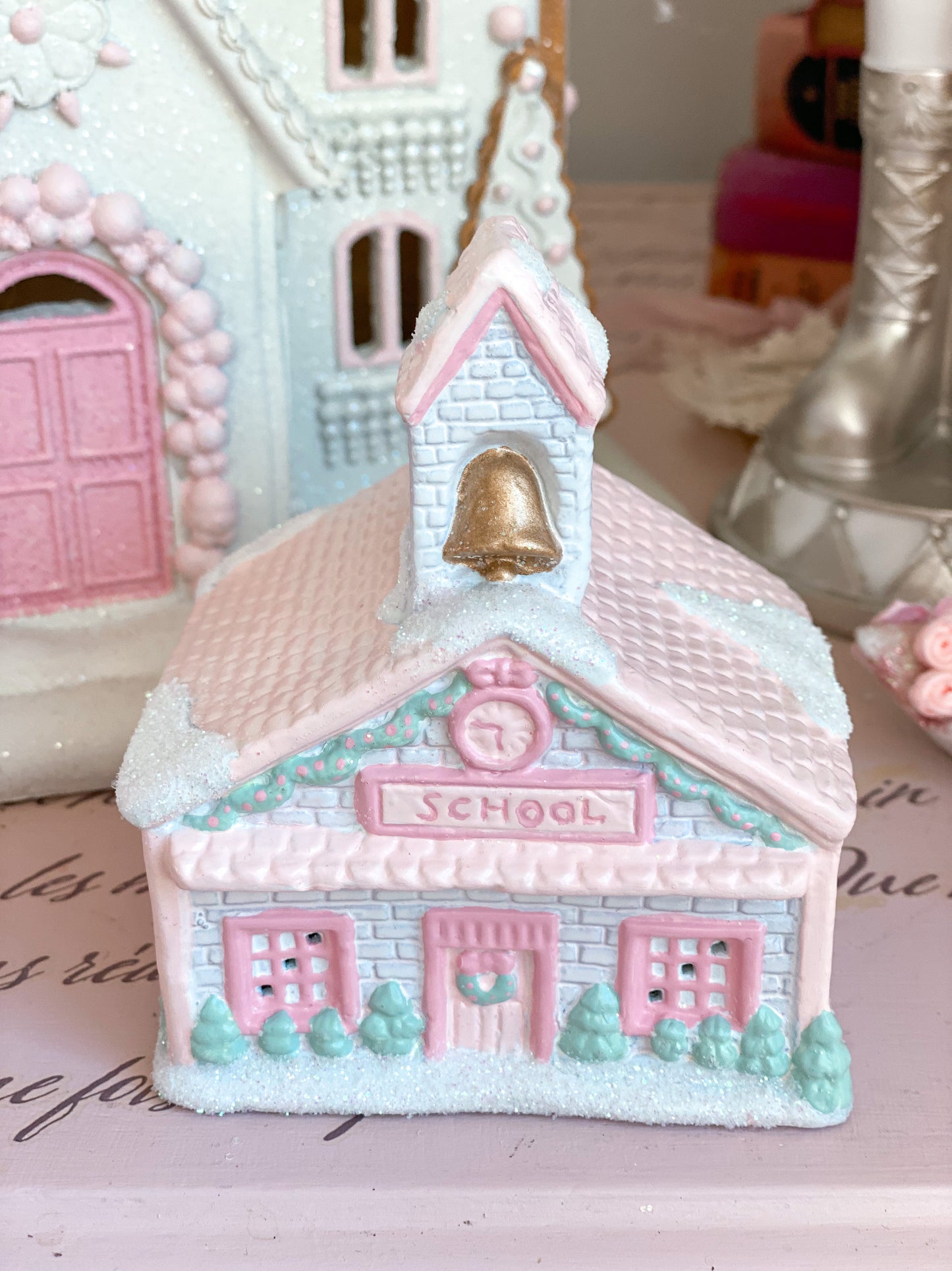 Bespoke Pastel Pink and White Hand Painted Petite Christmas Village School House PRE-ORDER