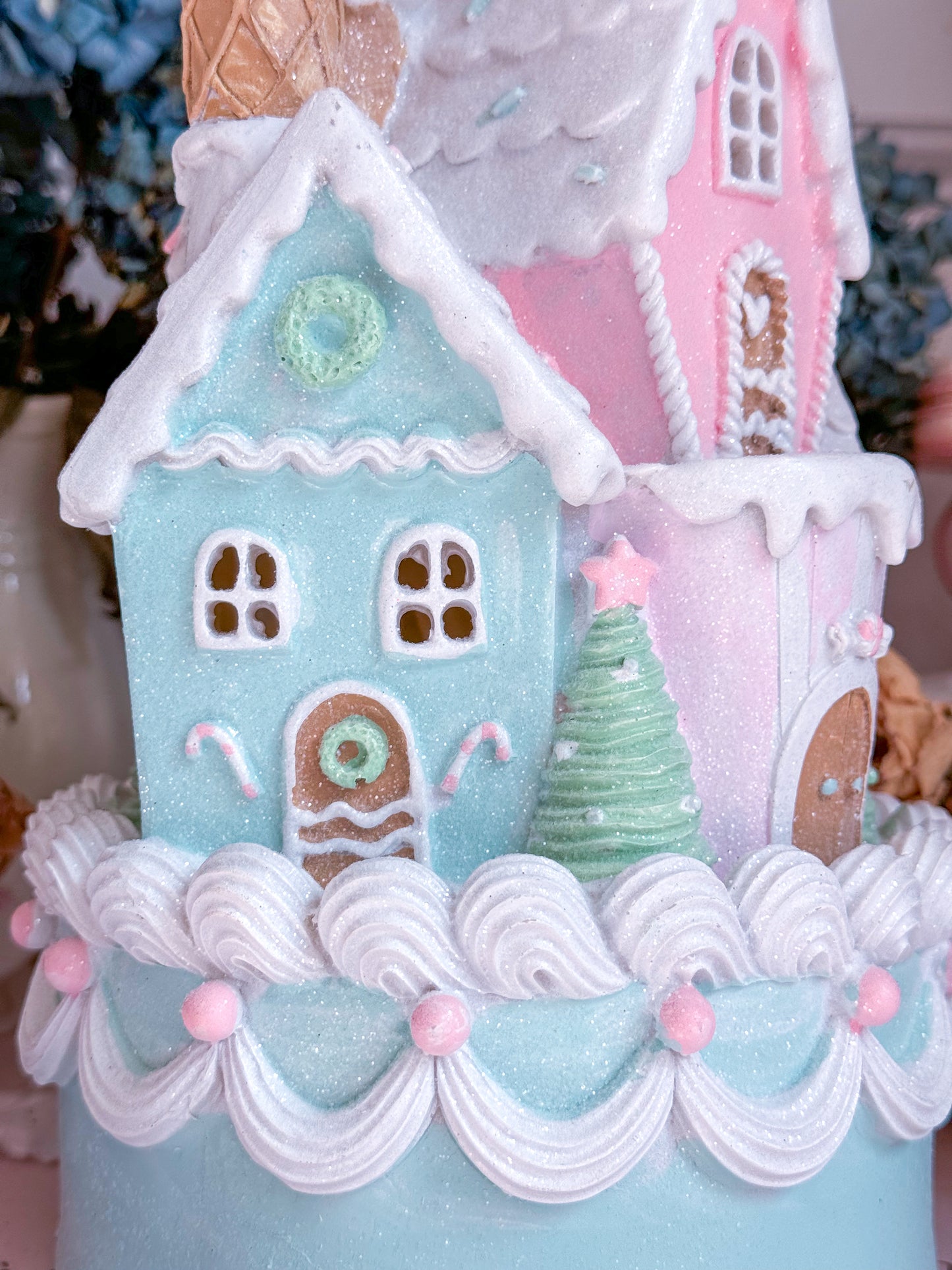 Pastel Pink, Blue and Purple LED light up Gingerbread Christmas Castle Cake