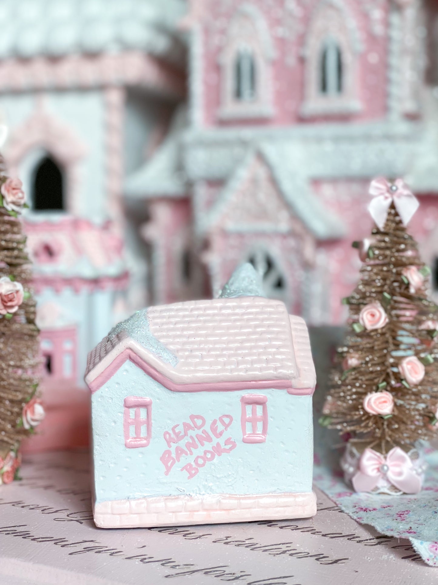 Bespoke Hand painted Pastel Pink and White Christmas Village Library PRE-ORDER