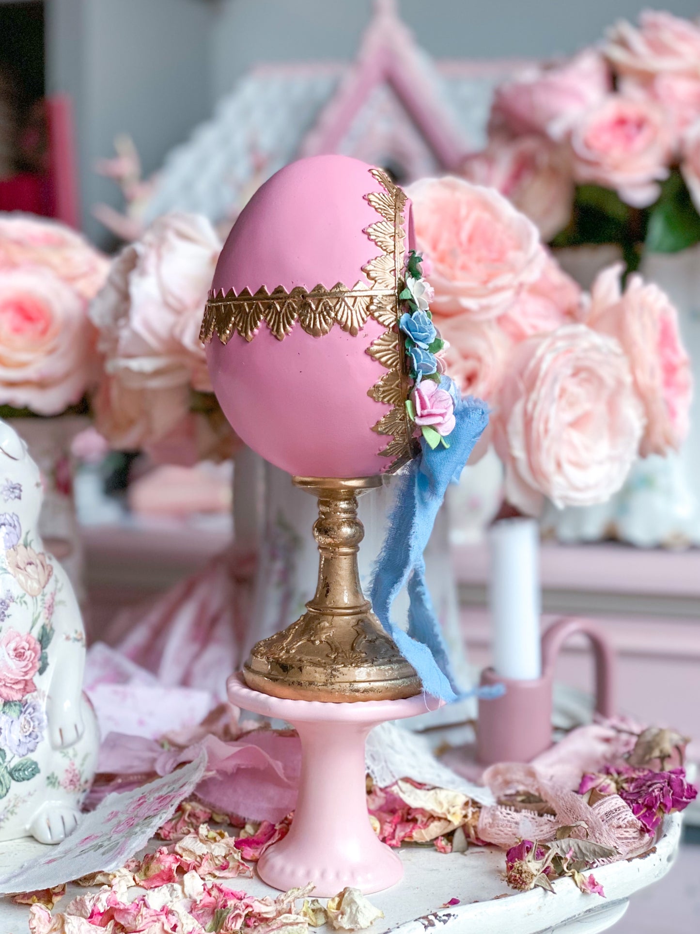 Bespoke Pastel Pink, Blue and Gold Shabby Chic Egg Finial with Easter Bunny