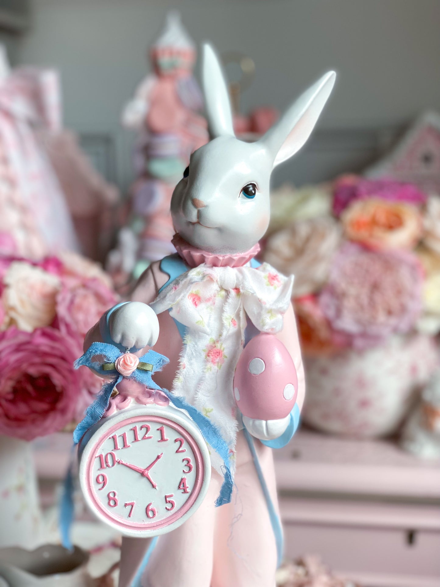 Bespoke Hand Painted Pastel Pink and Blue White Rabbit Figurine Holding Pocket Watch