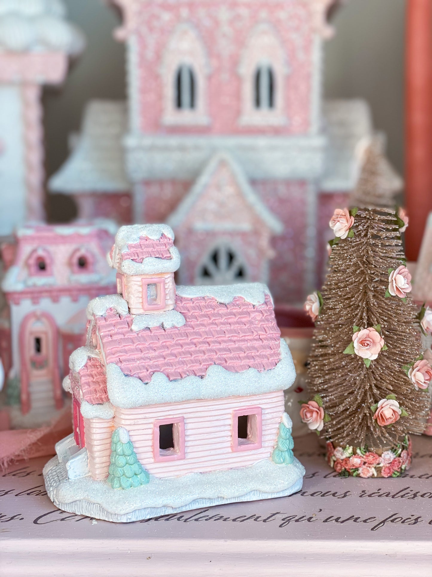 Bespoke Pastel Pink and White Petite Christmas Village Schoolhouse