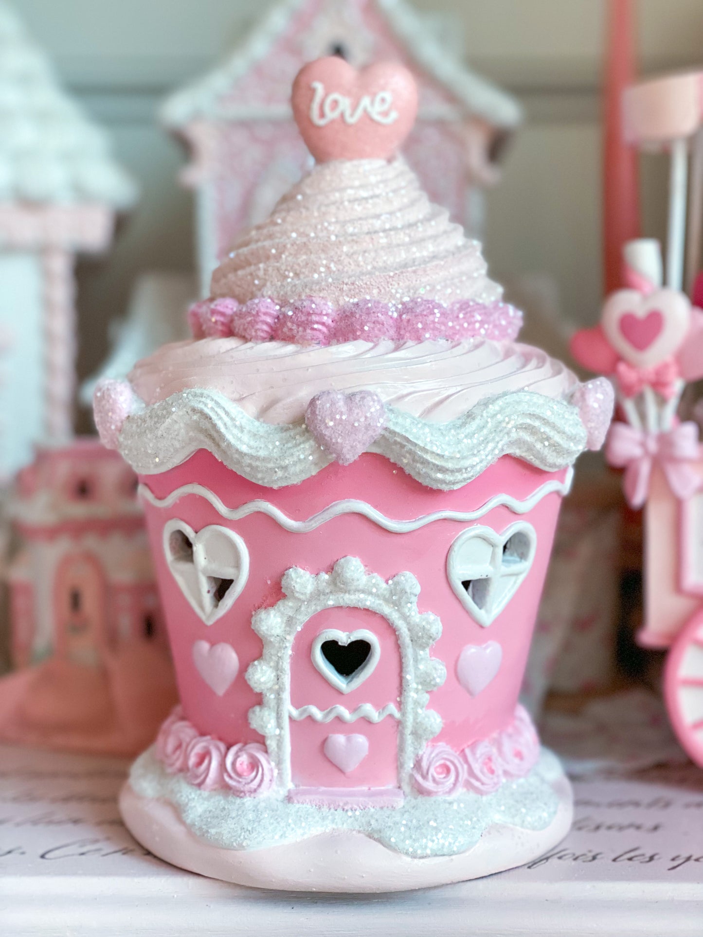Hand Painted Pastel Pink LED light up Valentine’s Day Cupcake House Glow-Up Commission