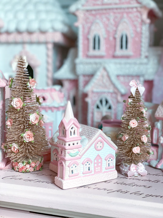 Bespoke Pastel Pink and White Petite Christmas Village Rural Chapel