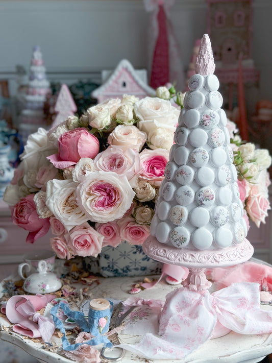 Bespoke Hand Painted Pastel Pink and White Shabby Chic Floral Macaron Tree