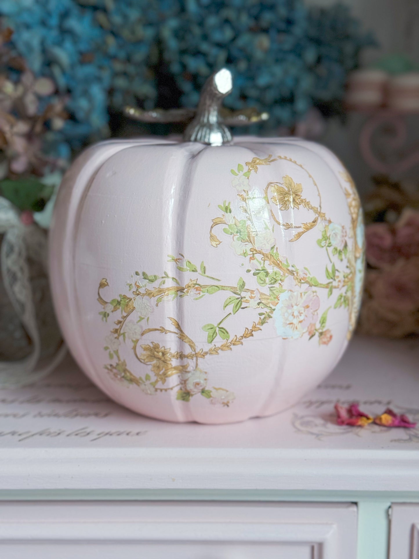 Bespoke Pastel Pink Hand Painted Rococo Inspired Coquette Floral Pumpkin Limited Edition