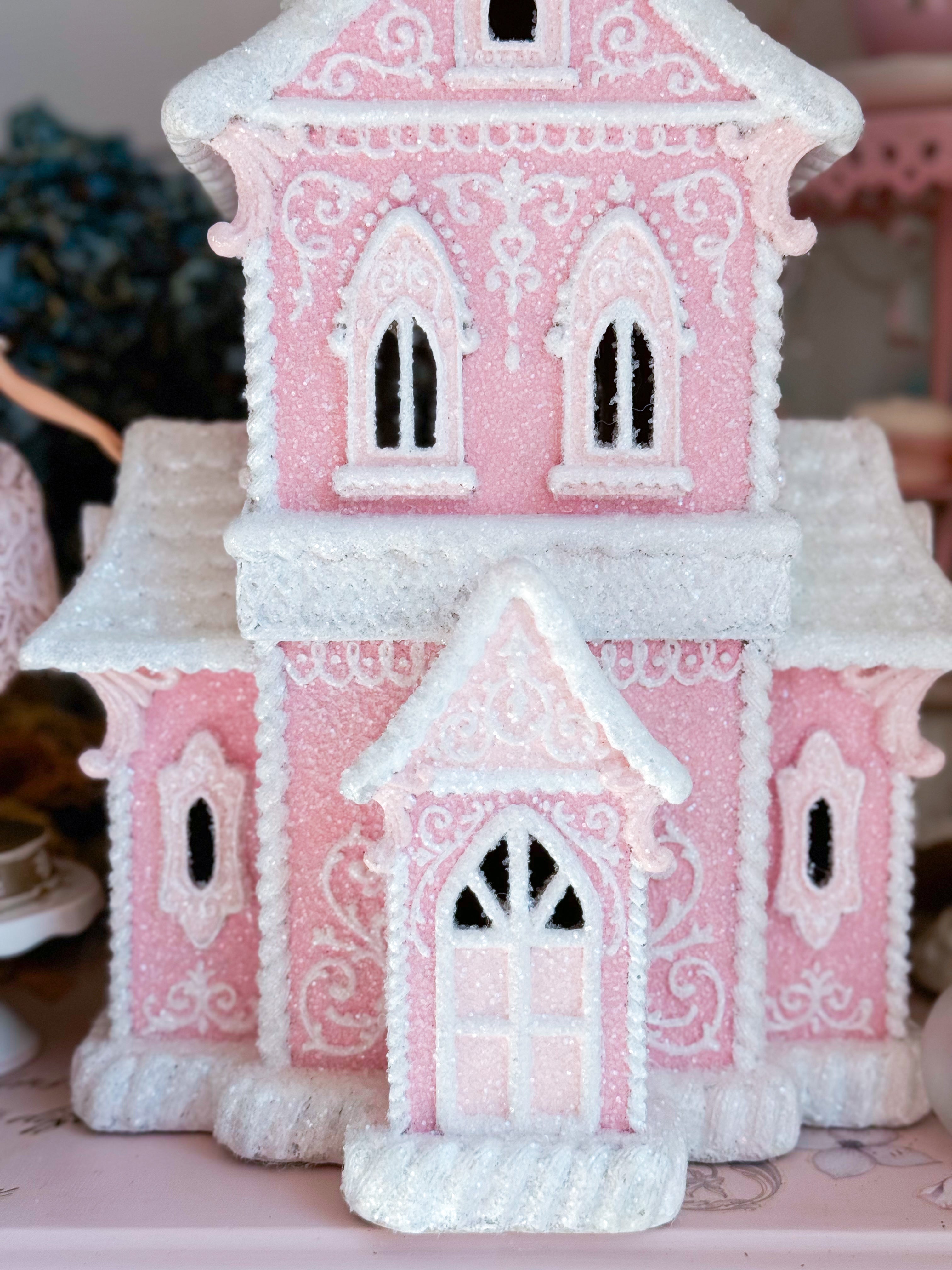 Custom Pastel popular Blue+Pink Victorian Gingerbread House w/Swarovski+Preciosa Crystal