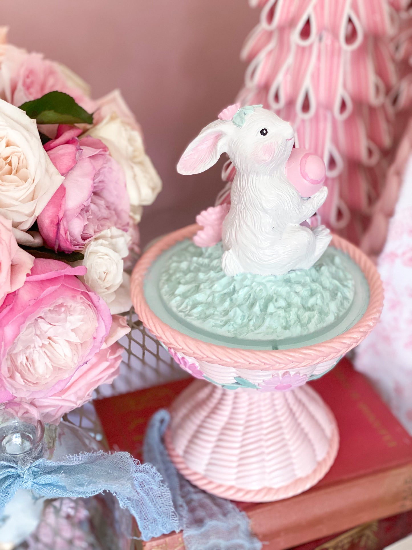 Bespoke Easter Bunny in Cloche on Pastel Pink Pedestal Base Hand Painted