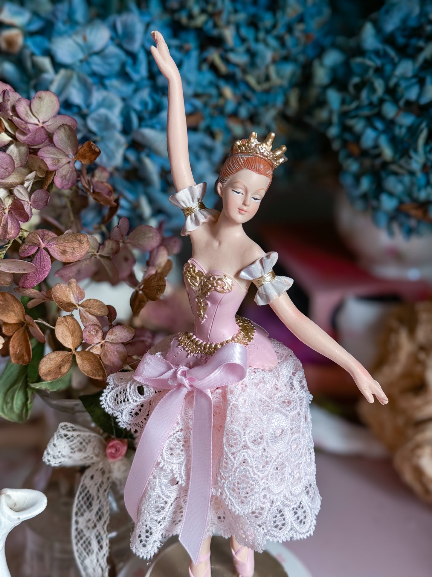 Bespoke Pink Ballerina Figurine with Handmade Skirt of Luxurious Pastel Pink Lace