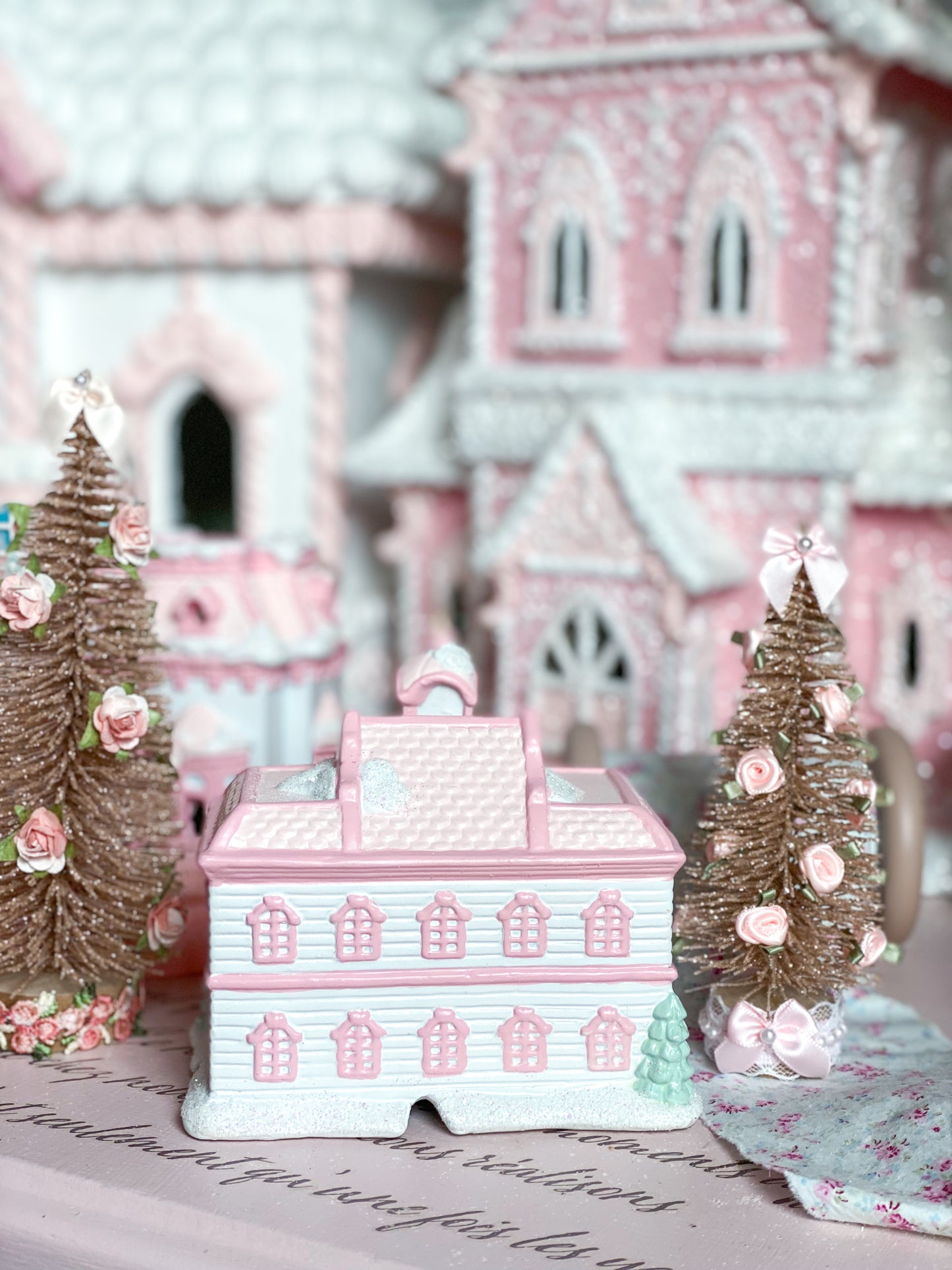 Bespoke Hand painted Petite Pastel Pink and White Christmas Village City Hall