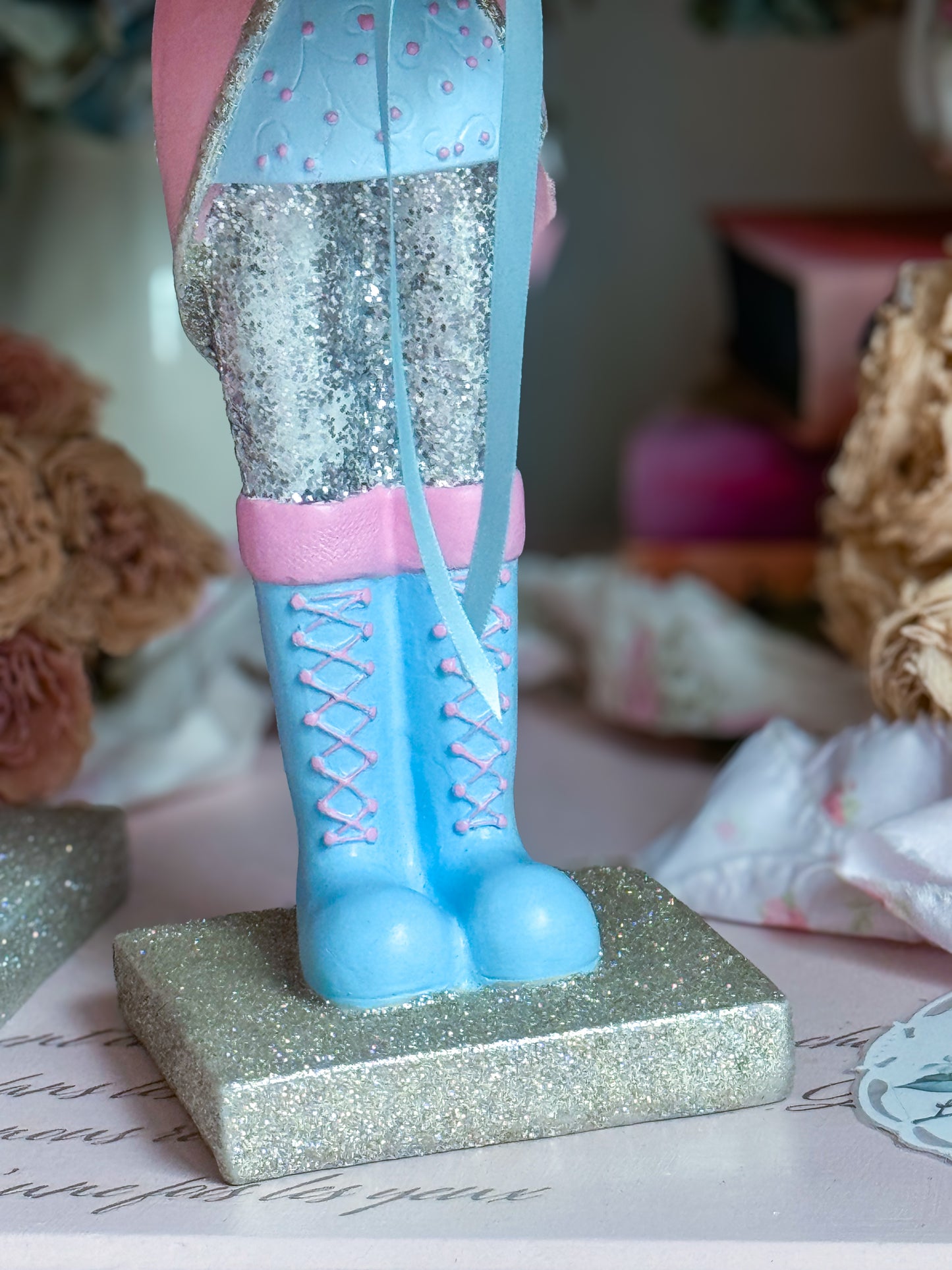 Bespoke Pastel Pink, Blue and Silver Hand Painted Nutcracker holding LED Light up Tree with Flowers and Bows