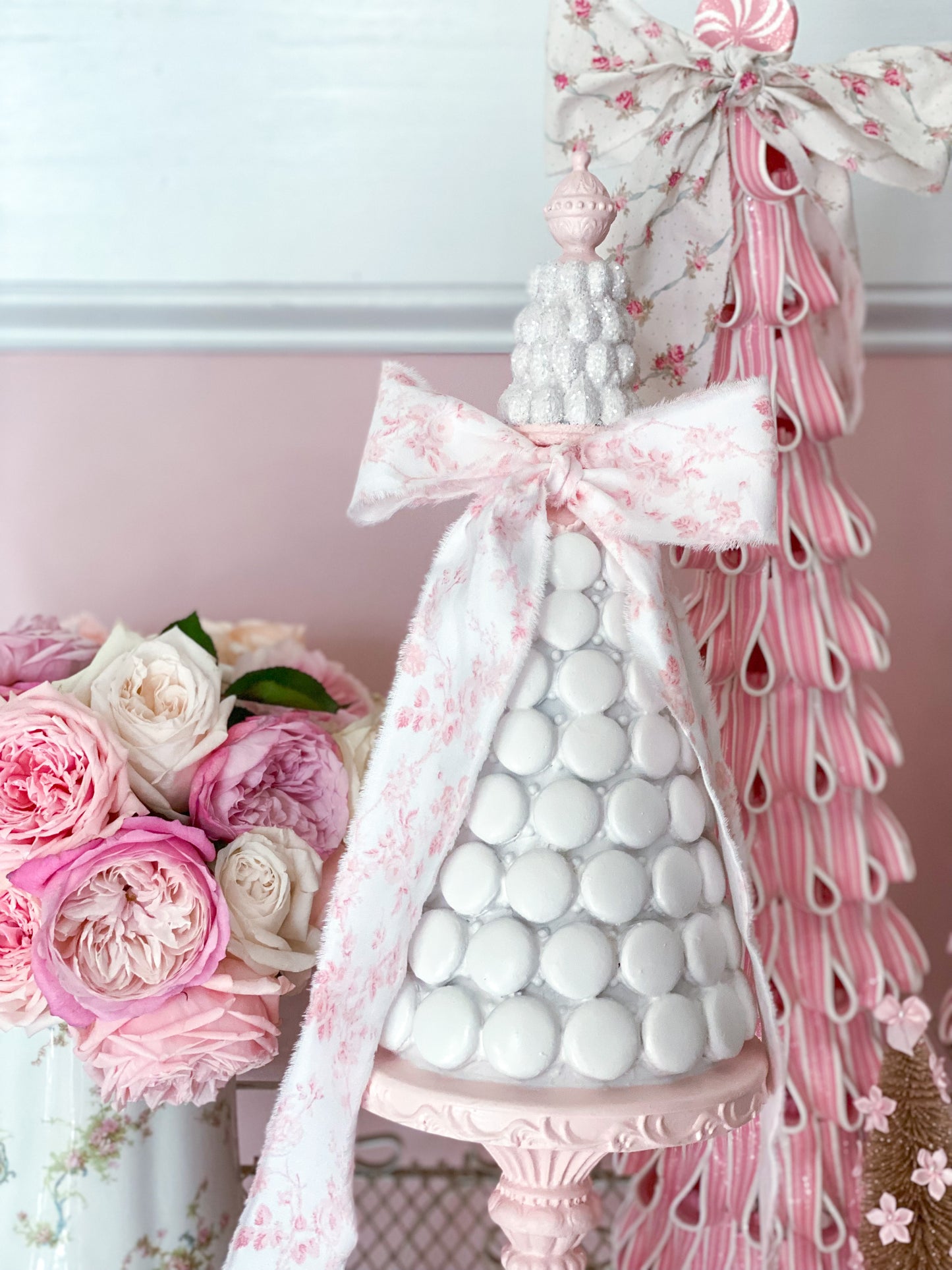 Bespoke Pink and White Coquette Macaron Tree with pink floral bow a la Marie Antoinette
