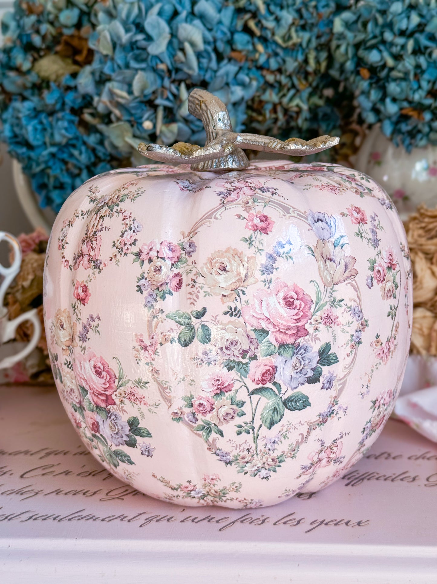 Bespoke Pastel Pink Hand Painted Shabby Chic Floral Pumpkin