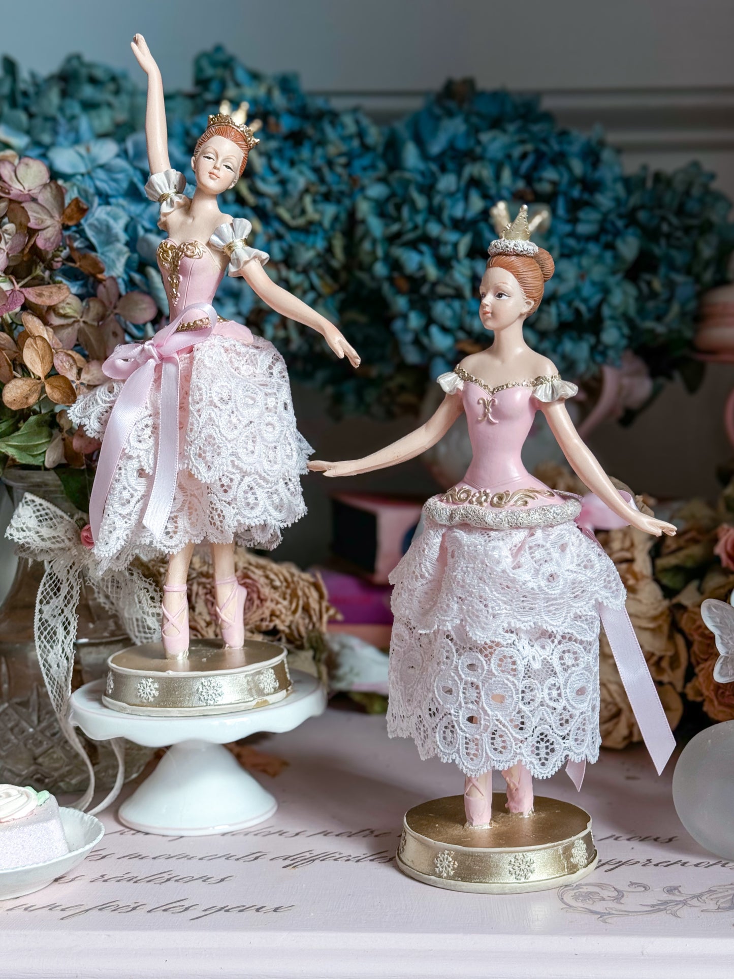 Bespoke Pink Ballerina Figurine with Handmade Skirt of Luxurious Pastel Pink Lace