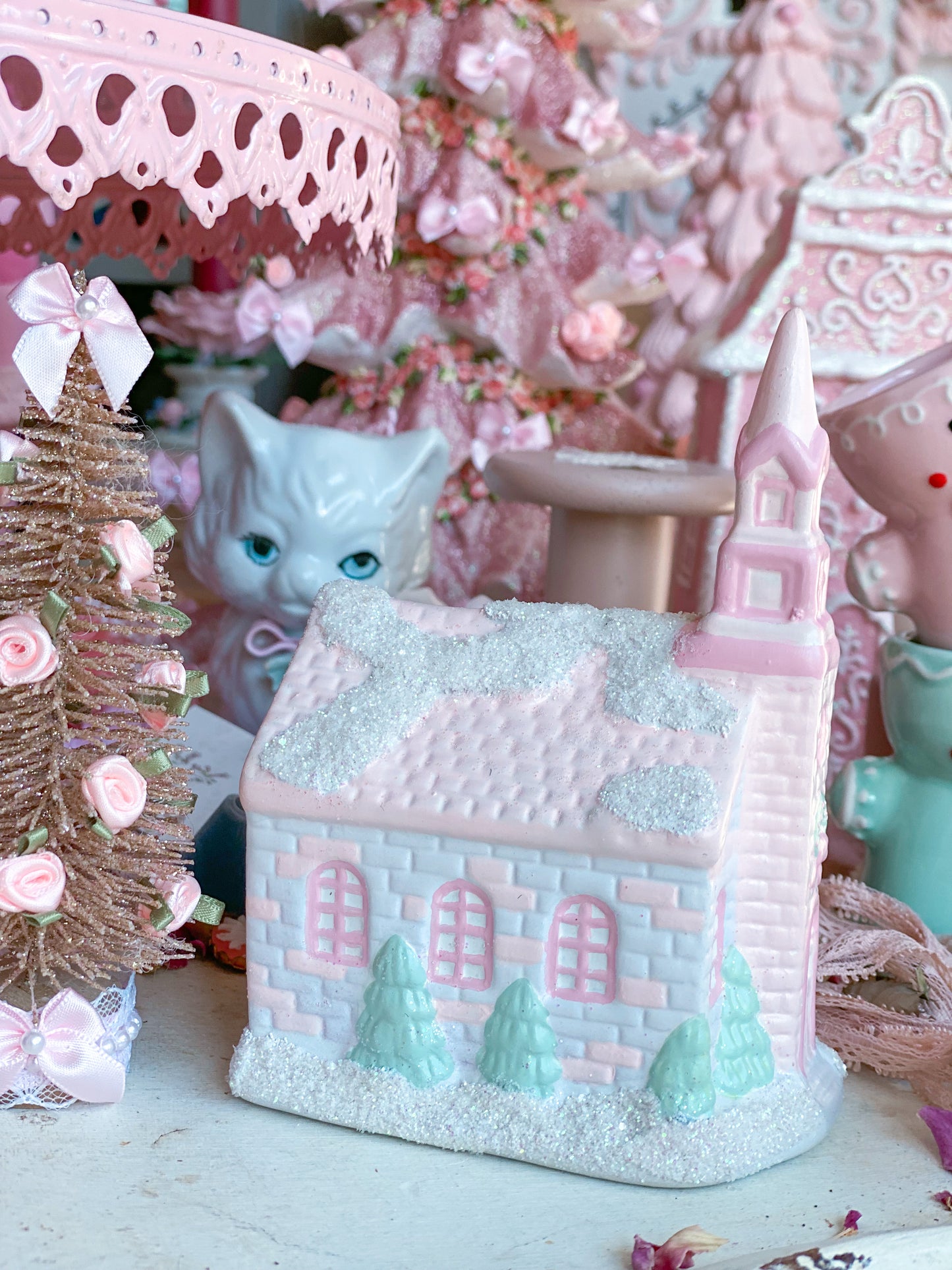 Bespoke Hand Painted Pastel Pink and White Christmas Village Petite Chapel