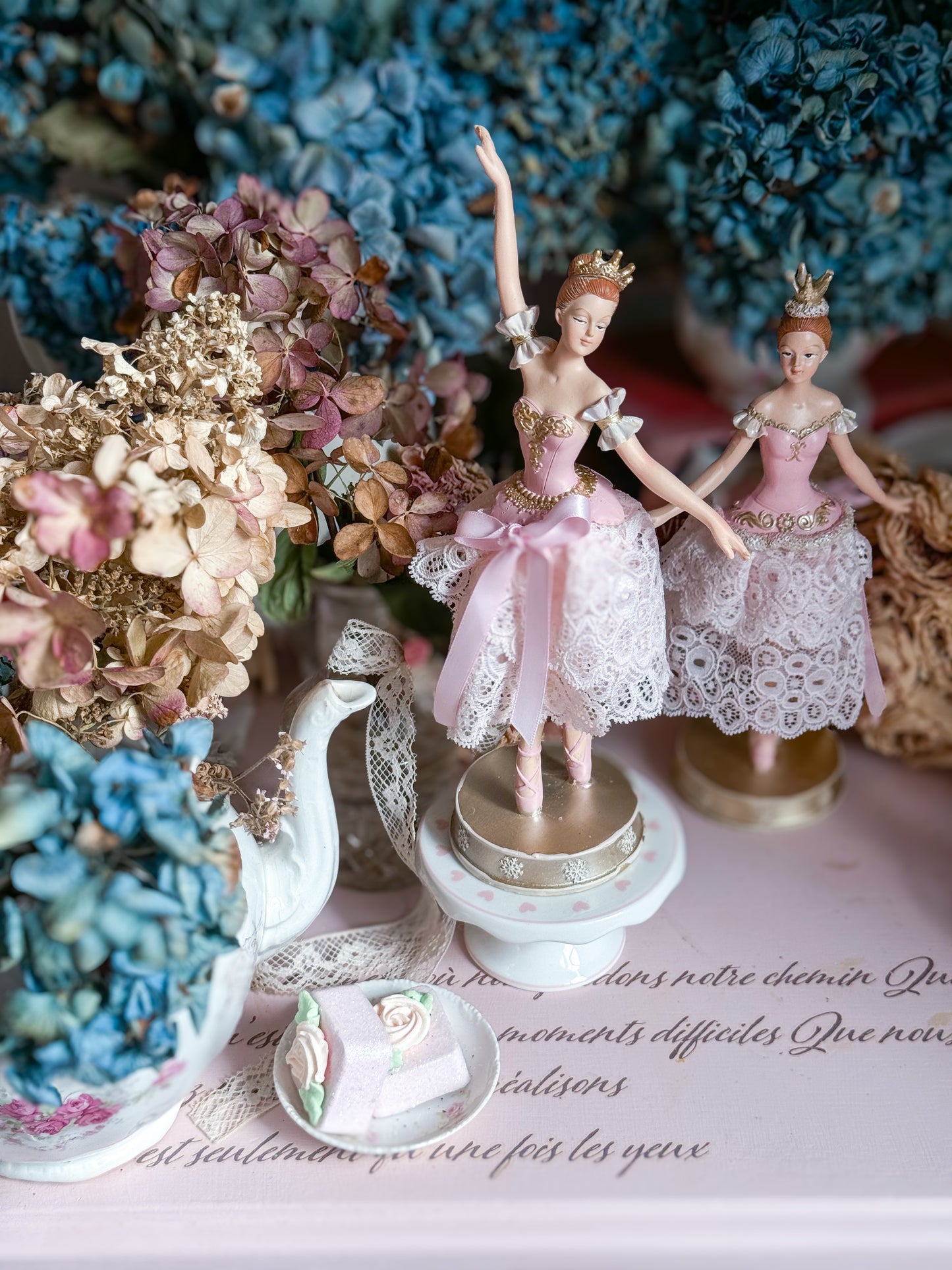 Bespoke Pink Ballerina Figurine with Handmade Skirt of Luxurious Pastel Pink Lace