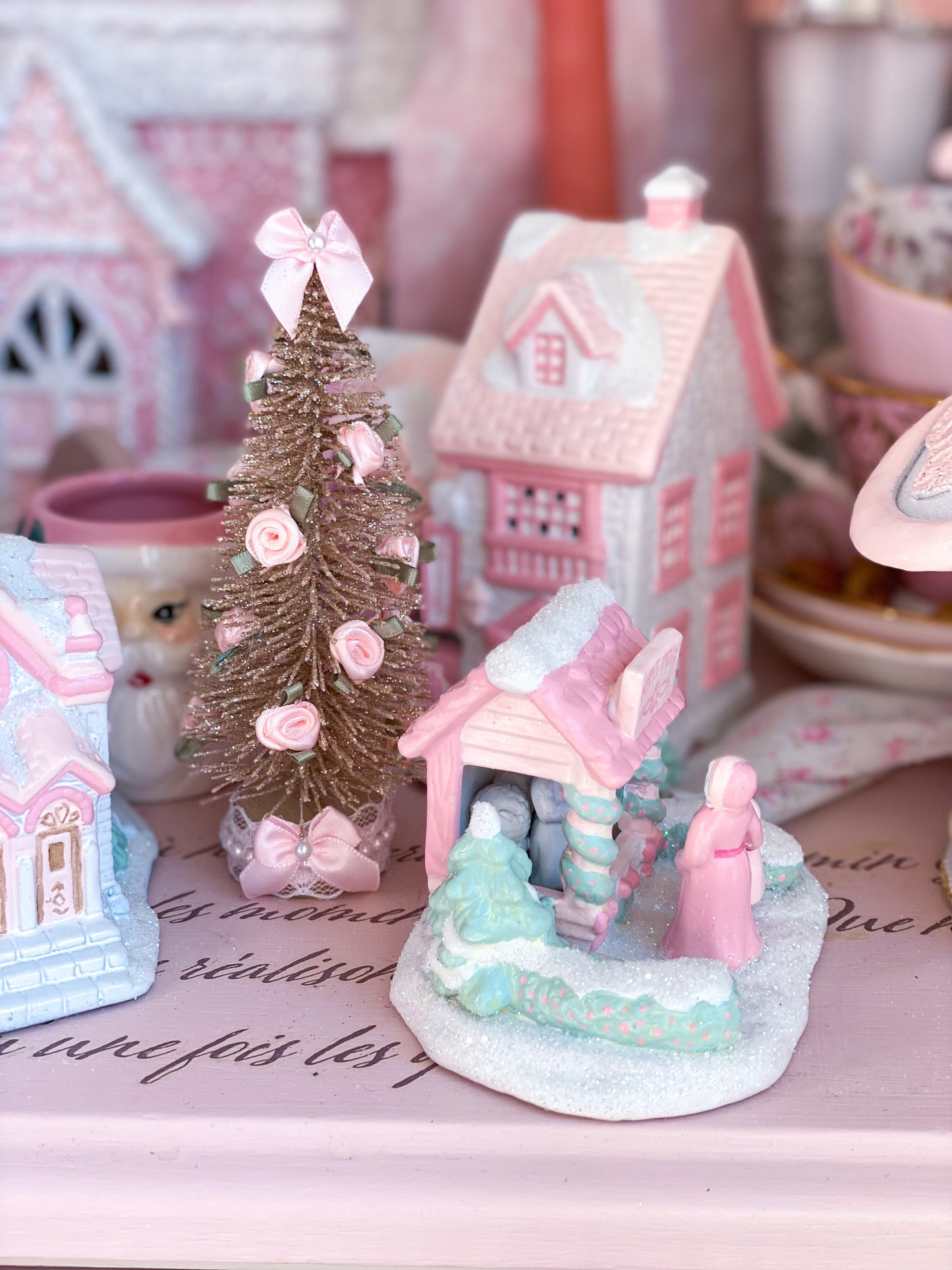 Bespoke Pastel Pink and White Petite Christmas Village Apple Cider Stand