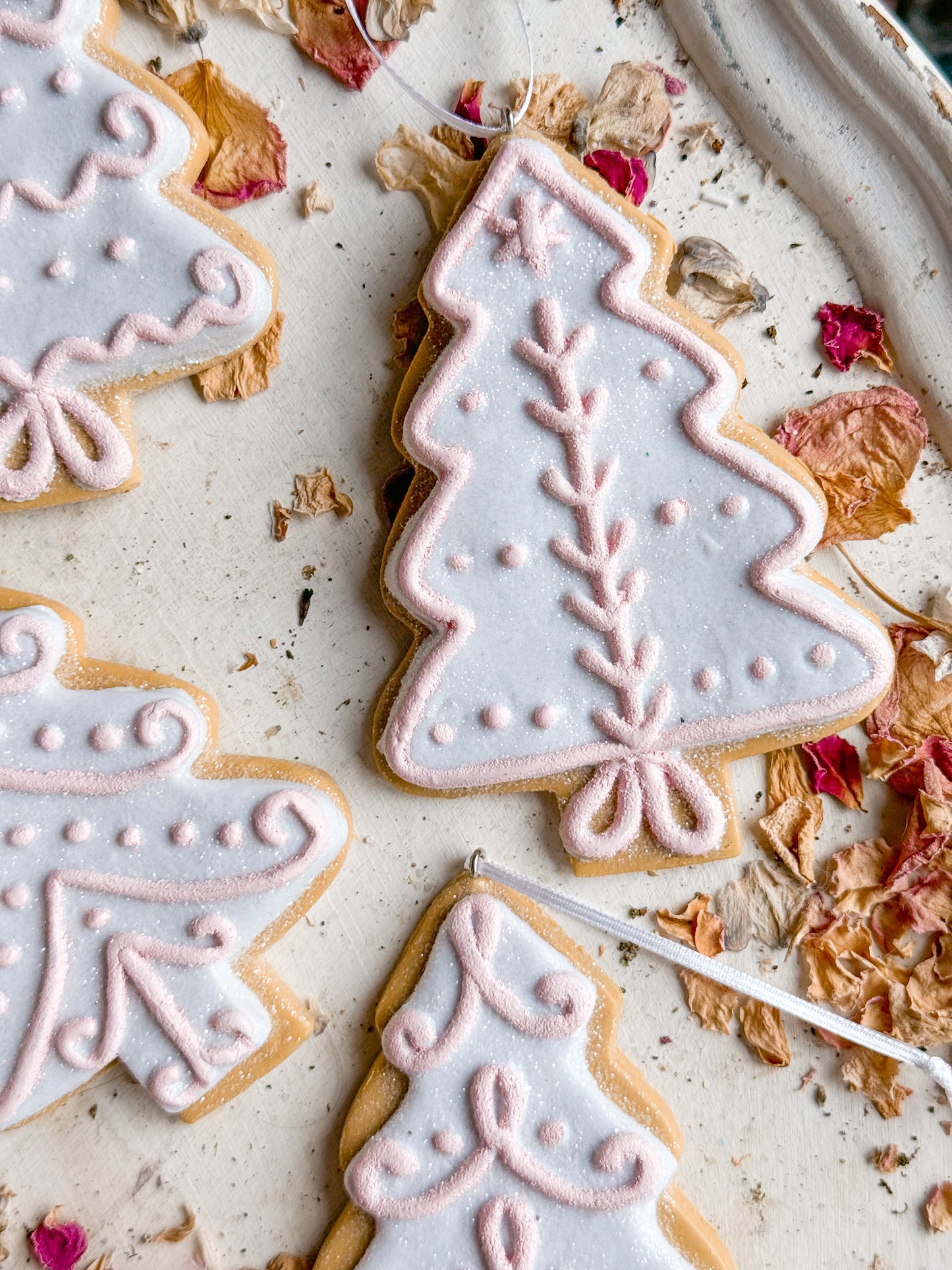 Bespoke Hand Painted Gingerbread Cookie Christmas Tree Ornaments with Pastel Pink Icing