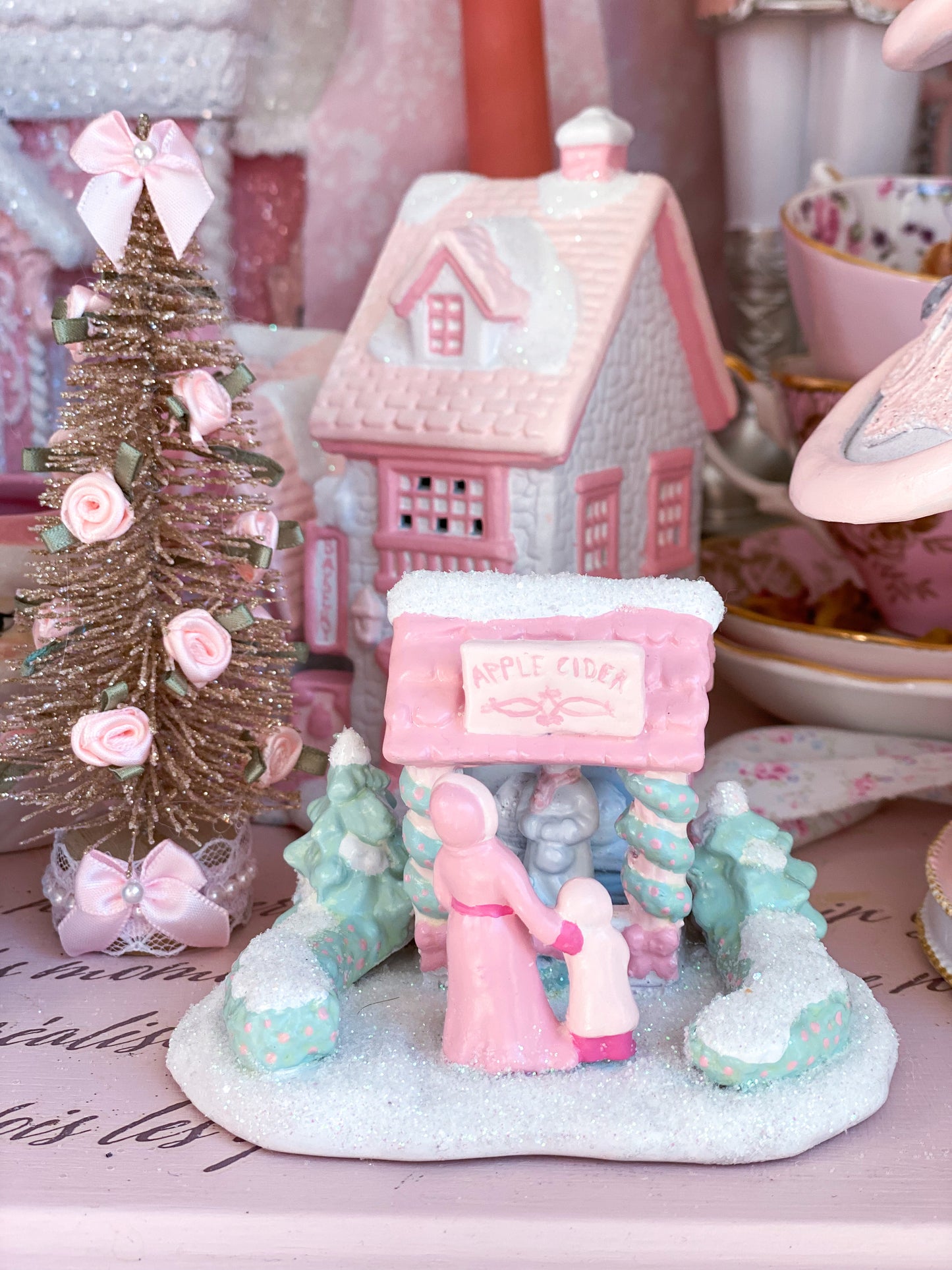 Bespoke Pastel Pink and White Petite Christmas Village Apple Cider Stand