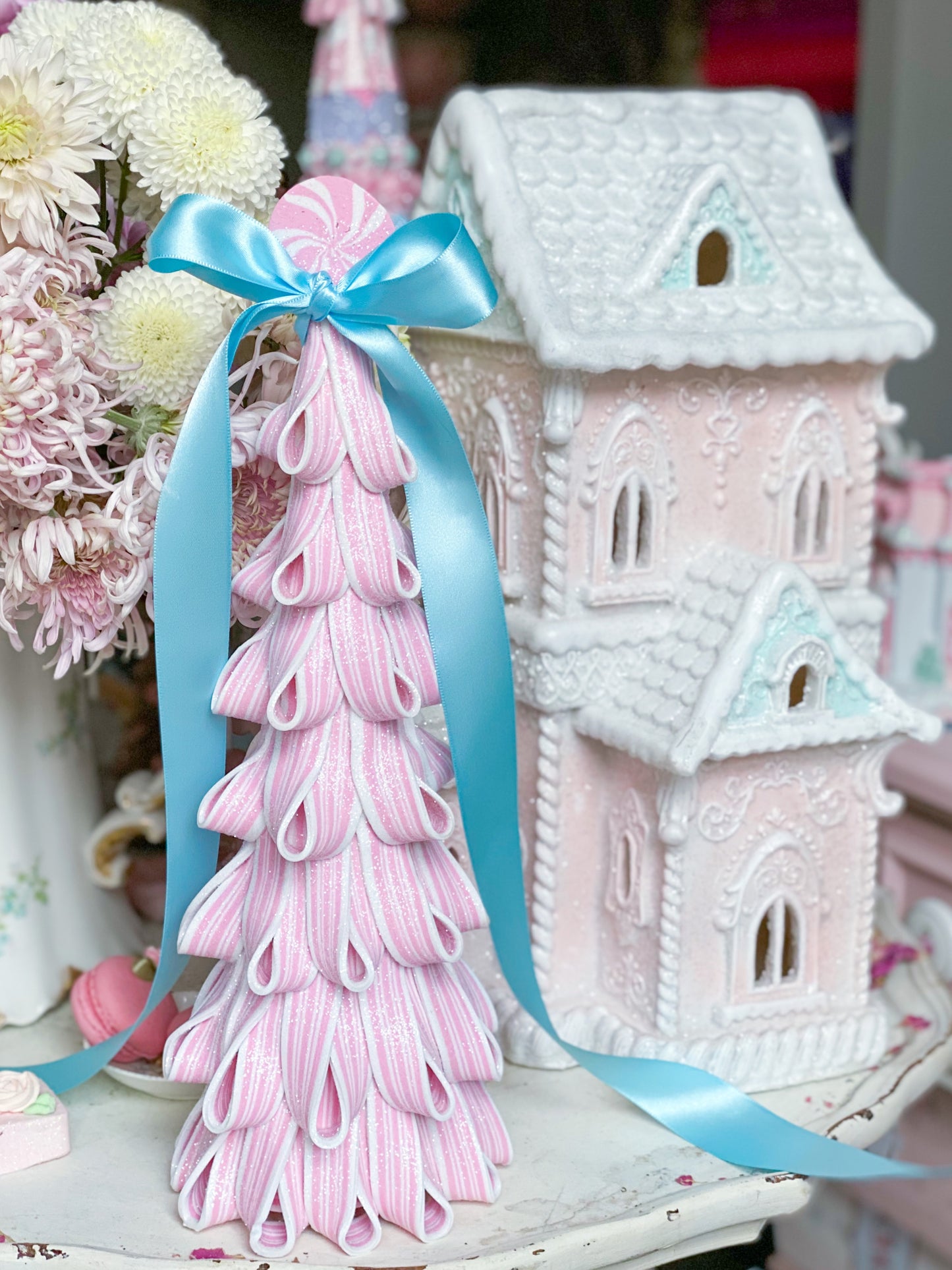 Pink and White Glitter Ribbon Candy Tree with Blue Satin Bow