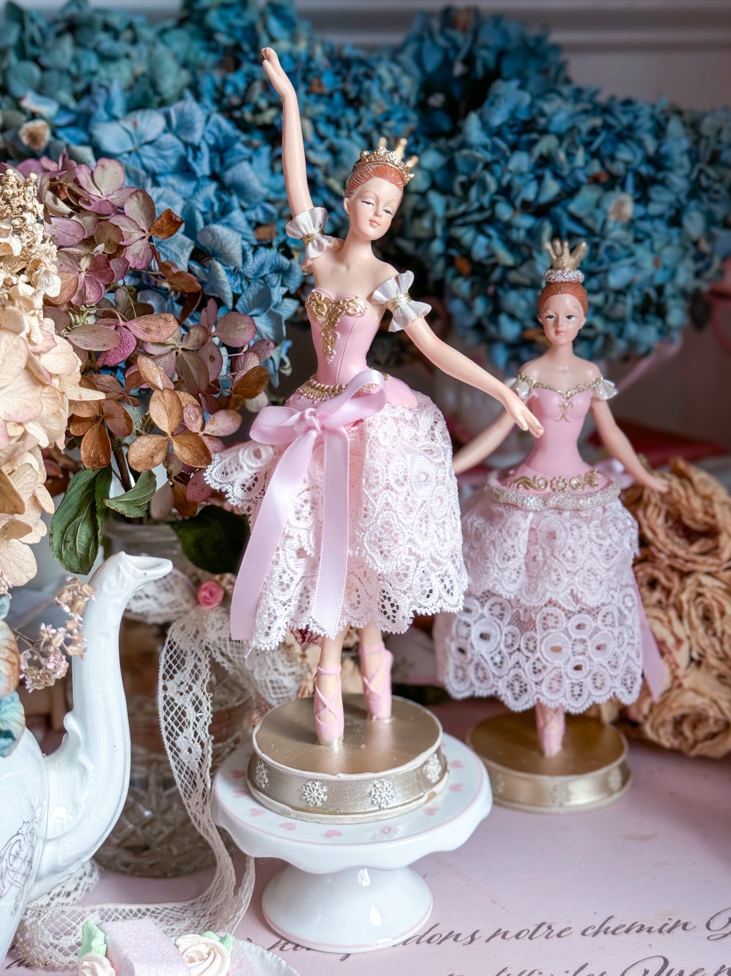 Bespoke Pink Ballerina Figurine with Handmade Skirt of Luxurious Pastel Pink Lace