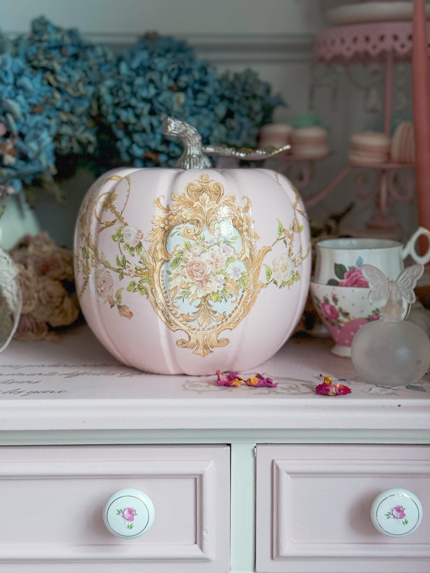 Bespoke Pastel Pink Hand Painted Rococo Inspired Coquette Floral Pumpkin Limited Edition