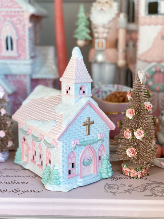 Bespoke Porcelain Pastel Pink and White Hand Painted Christmas Village Chapel