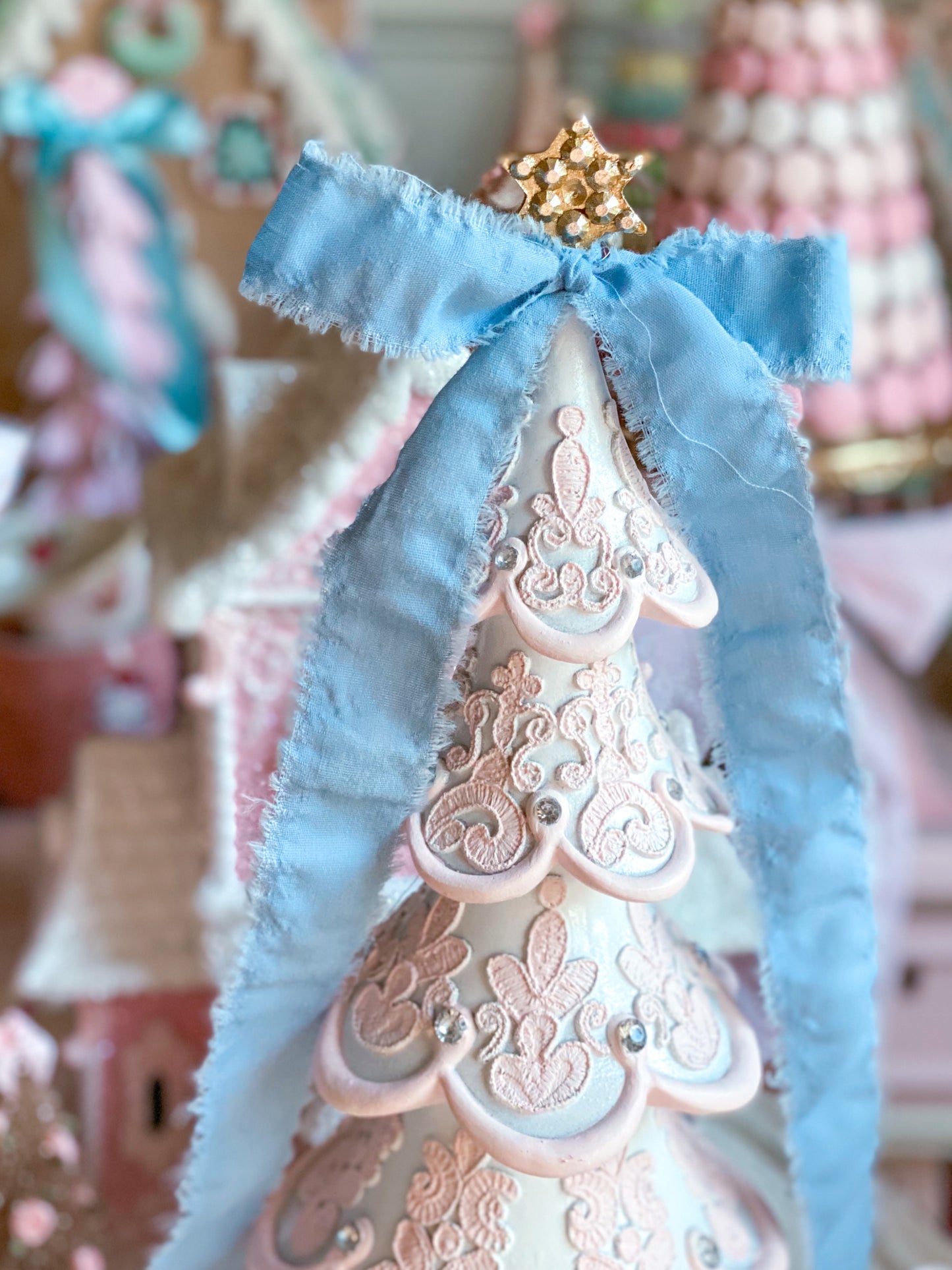 GLOW-UP COMMISSION: Bespoke Pink and White Hand Painted Elegant Lace Christmas Tree with Blue Bow