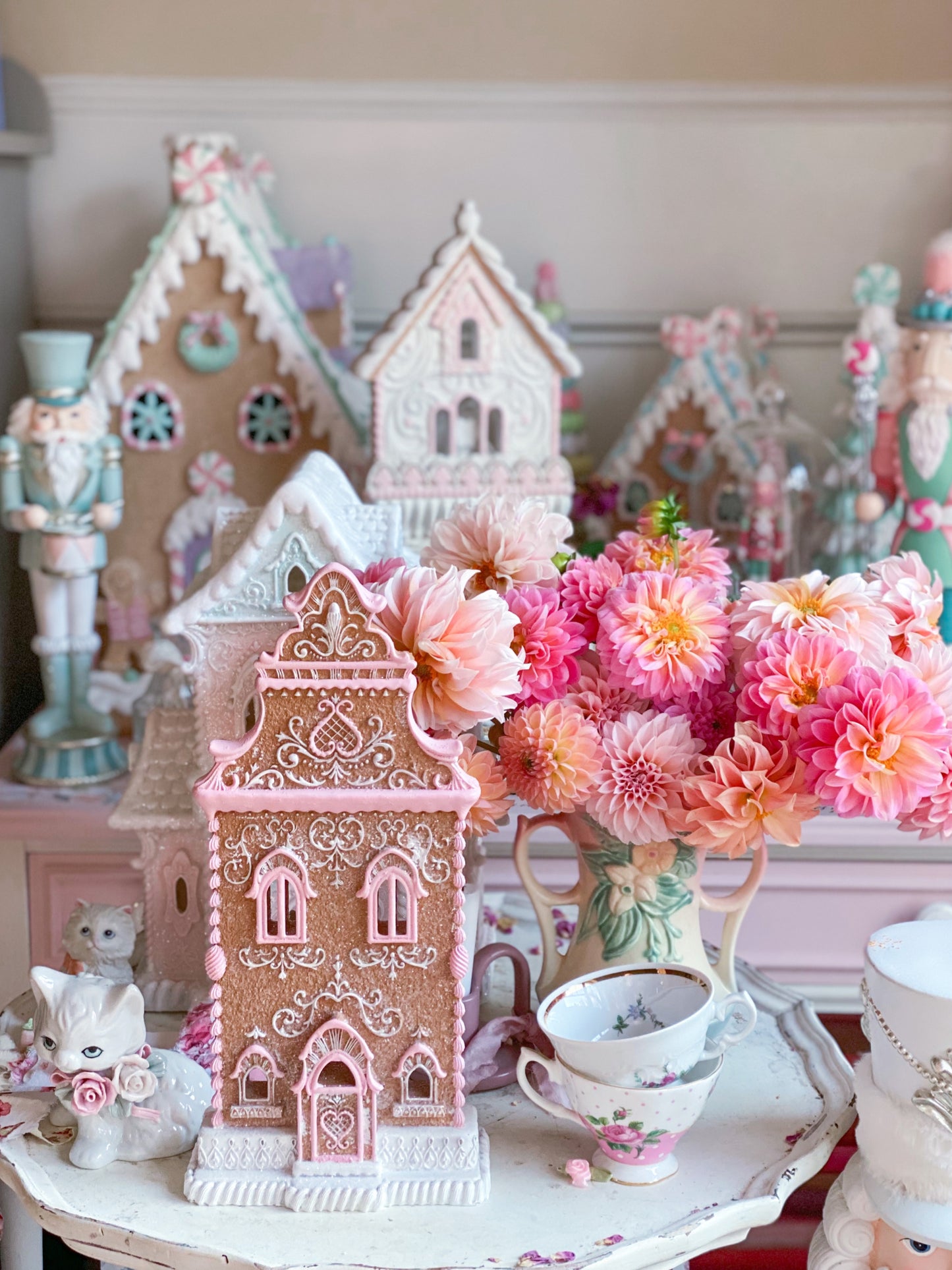 Bespoke Pastel Pink Gingerbread House Tabletop Decoration