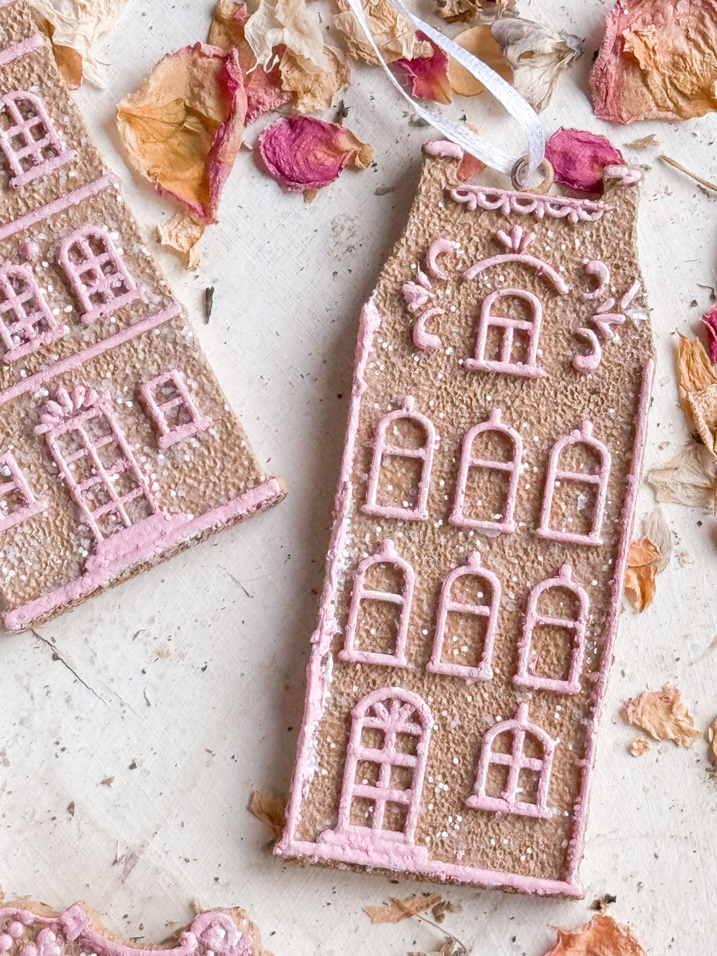 Bespoke Hand Painted Pink Gingerbread Townhouse Christmas Tree Ornaments