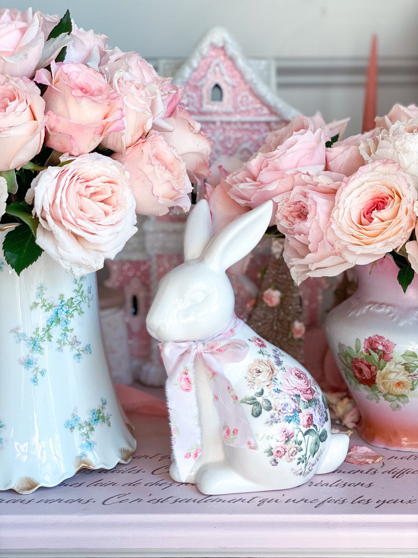 Bespoke Pastel Pink Shabby Chic Floral Ceramic Easter Bunny with Hand Torn Bow