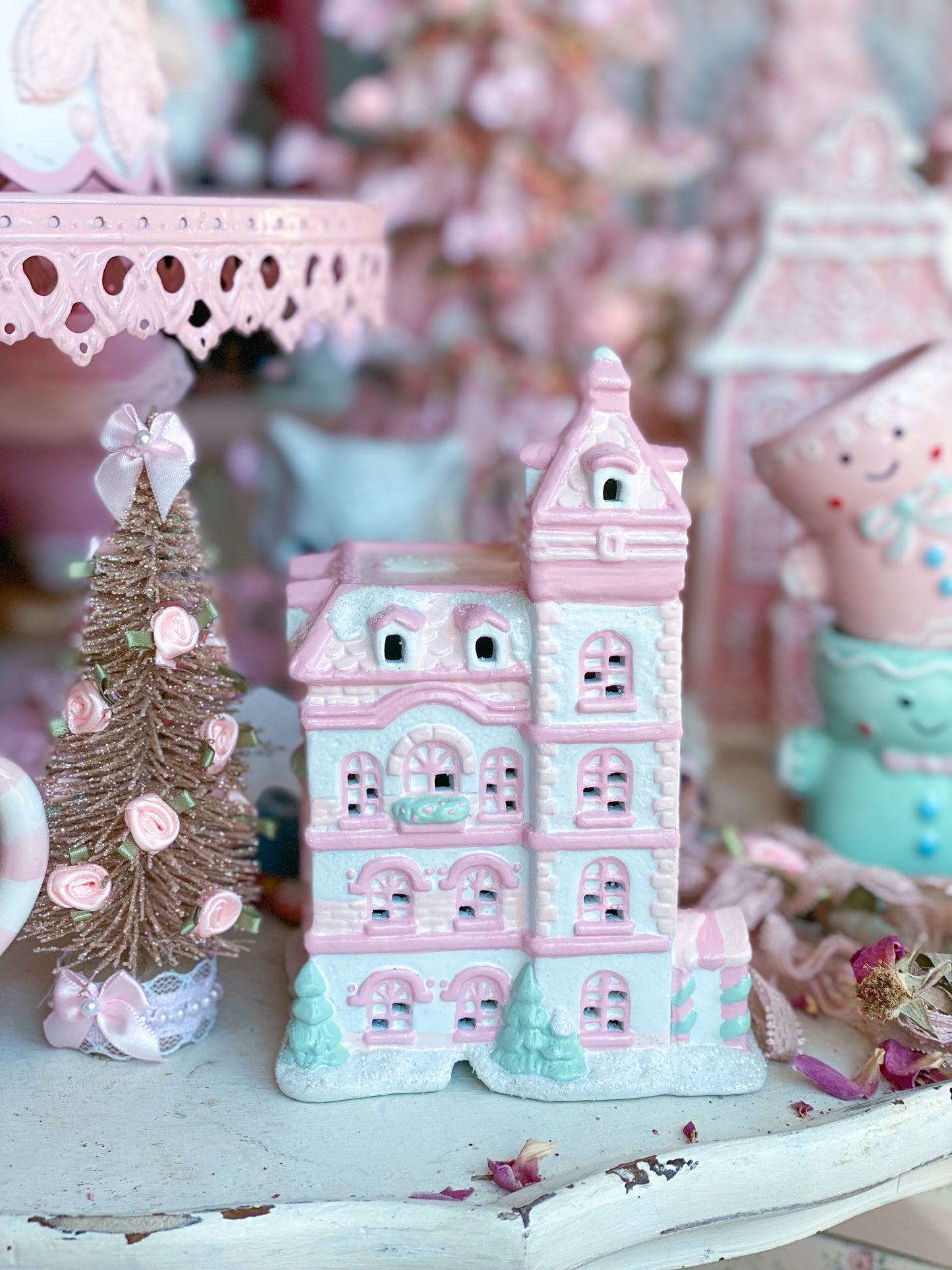 Bespoke Pastel Pink and White Petite Christmas Village Ritz Hotel