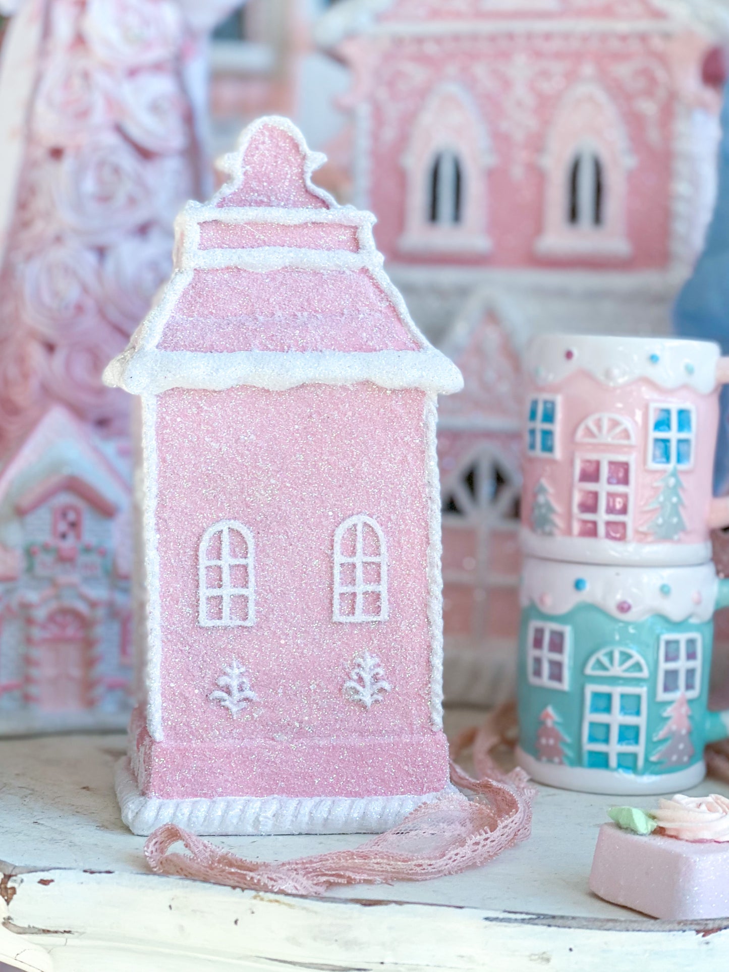 Bespoke Pastel Pink and White Glitter Townhouse