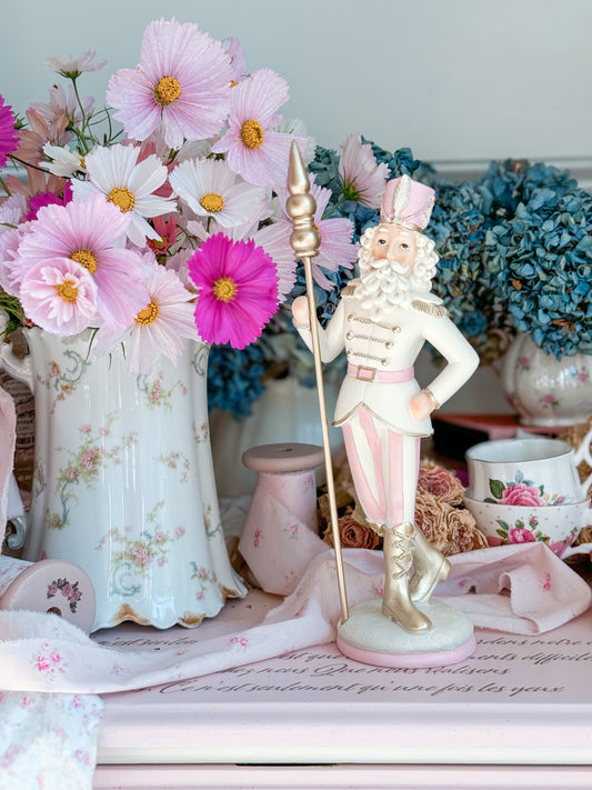 Pastel Pink, White and Gold Coquette Nutcracker Figurine