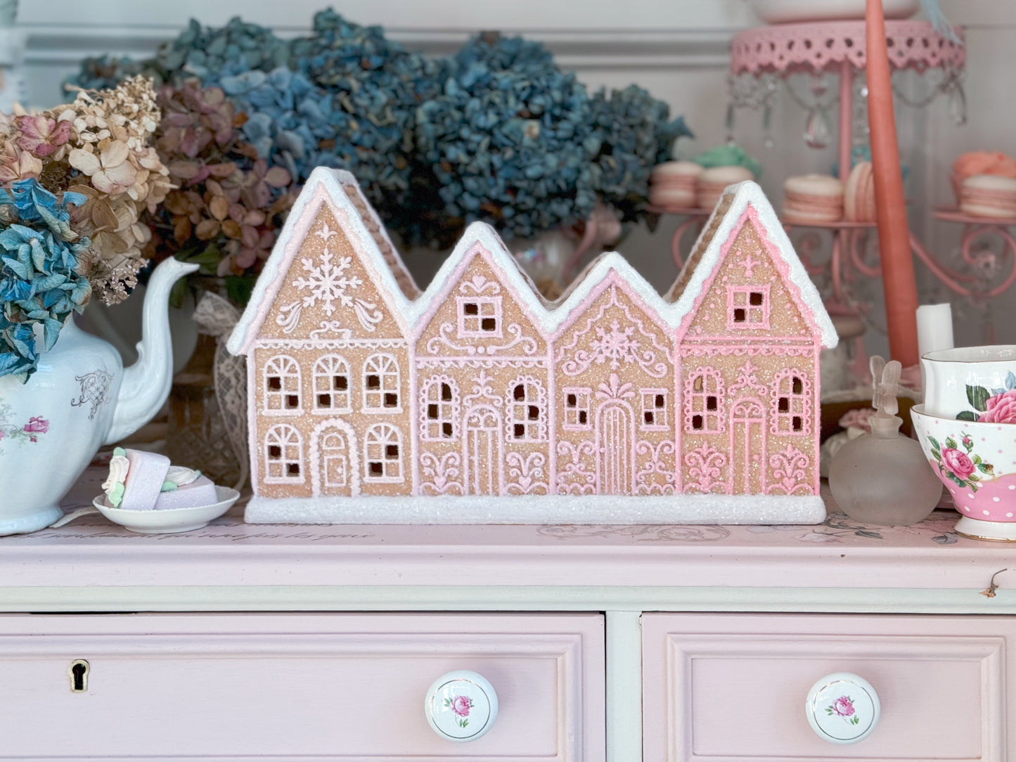 Bespoke Hand Painted Pink Ombre LED Light up Gingerbread Townhouses with Glitter