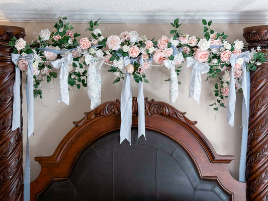 Bespoke Hand Made Shabby Chic Blue and White Floral Bow Garland on Pearl Strand