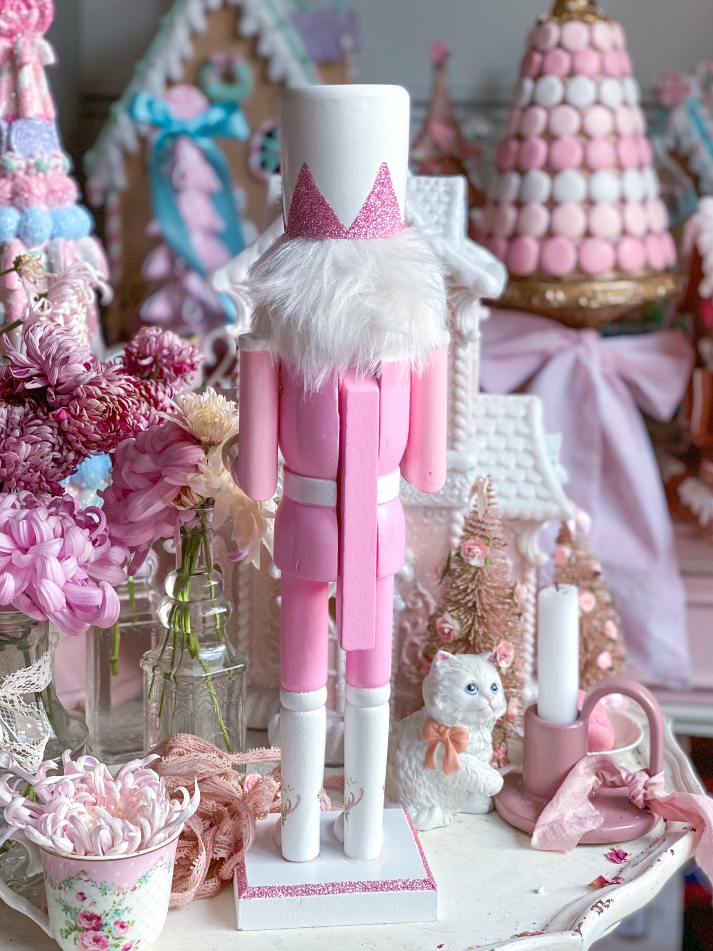 Bespoke Pastel Pink Glitter Drummer Nutcracker with Floral Boots