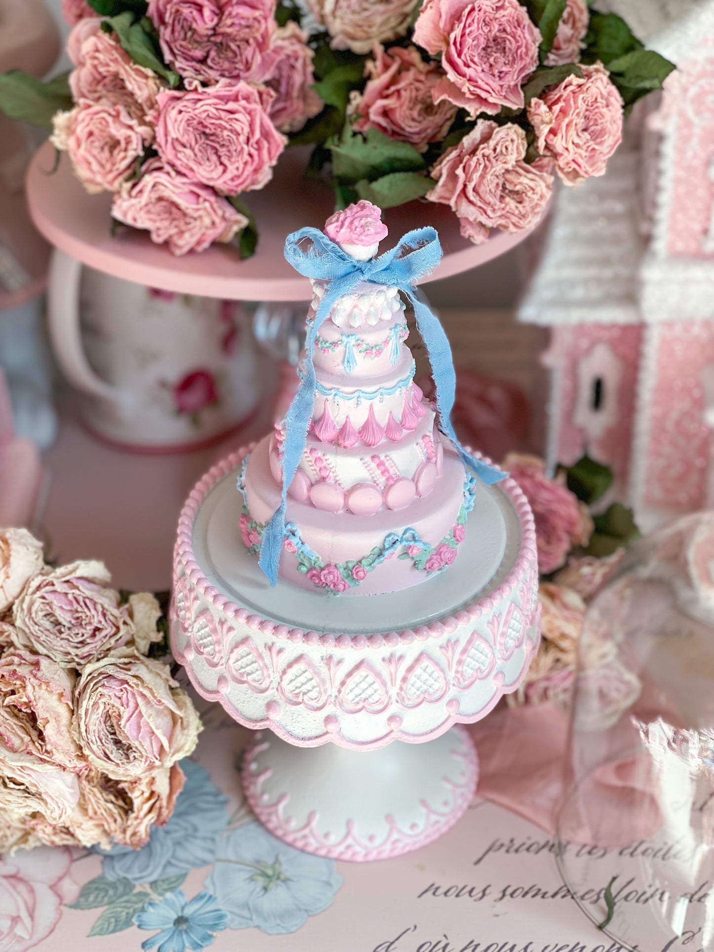 Bespoke Hand Painted Pastel Pink, Blue, Mint Green Spring Easter Cake with Cloche