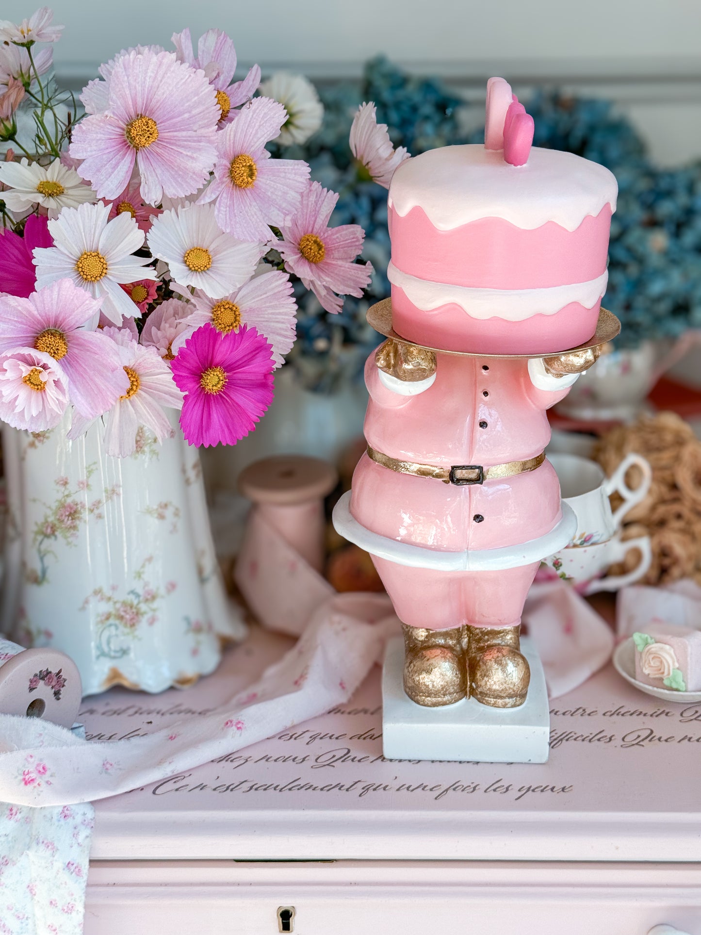 Pastel Pink and gold Santa Cake stand with hand painted ceramic mini cake