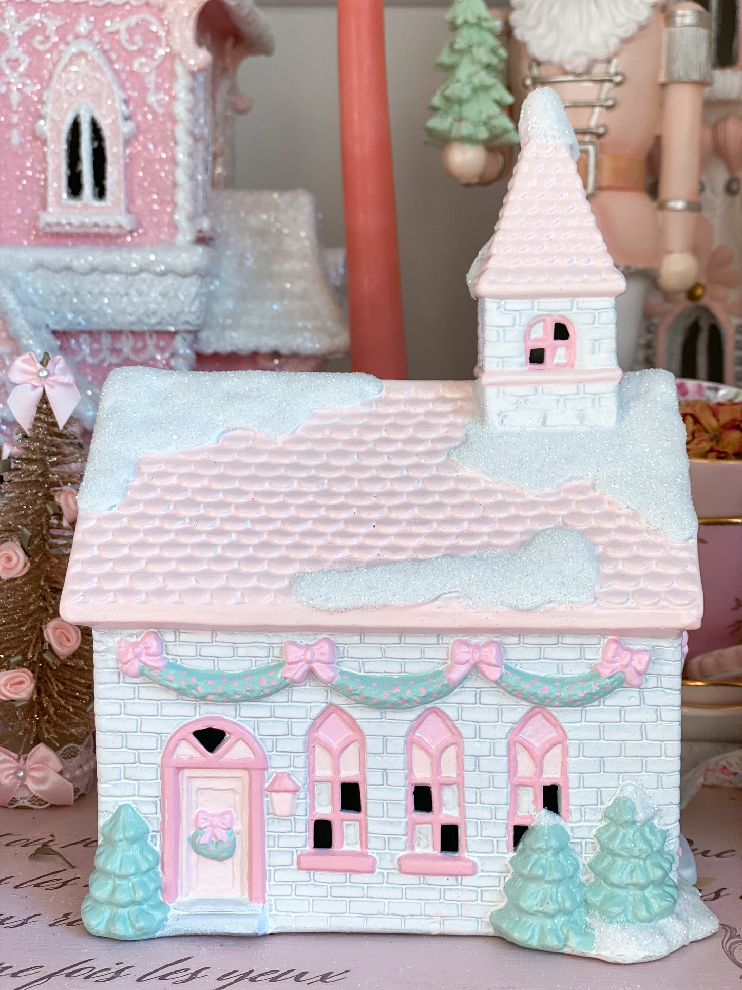 Bespoke Porcelain Pastel Pink and White Hand Painted Christmas Village Chapel