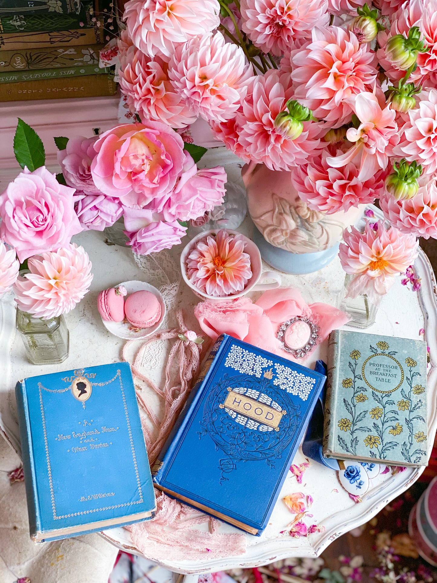 Set of 3 Blue Books with Floral Spines Wrapped in Vintage Blush Pink Ribbon