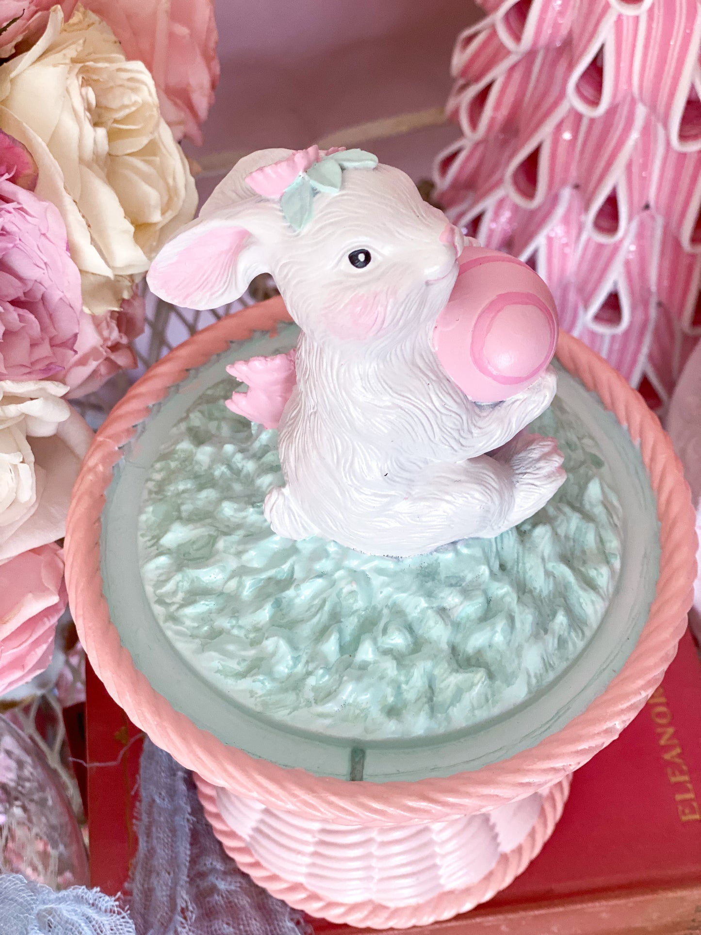 Bespoke Easter Bunny in Cloche on Pastel Pink Pedestal Base Hand Painted