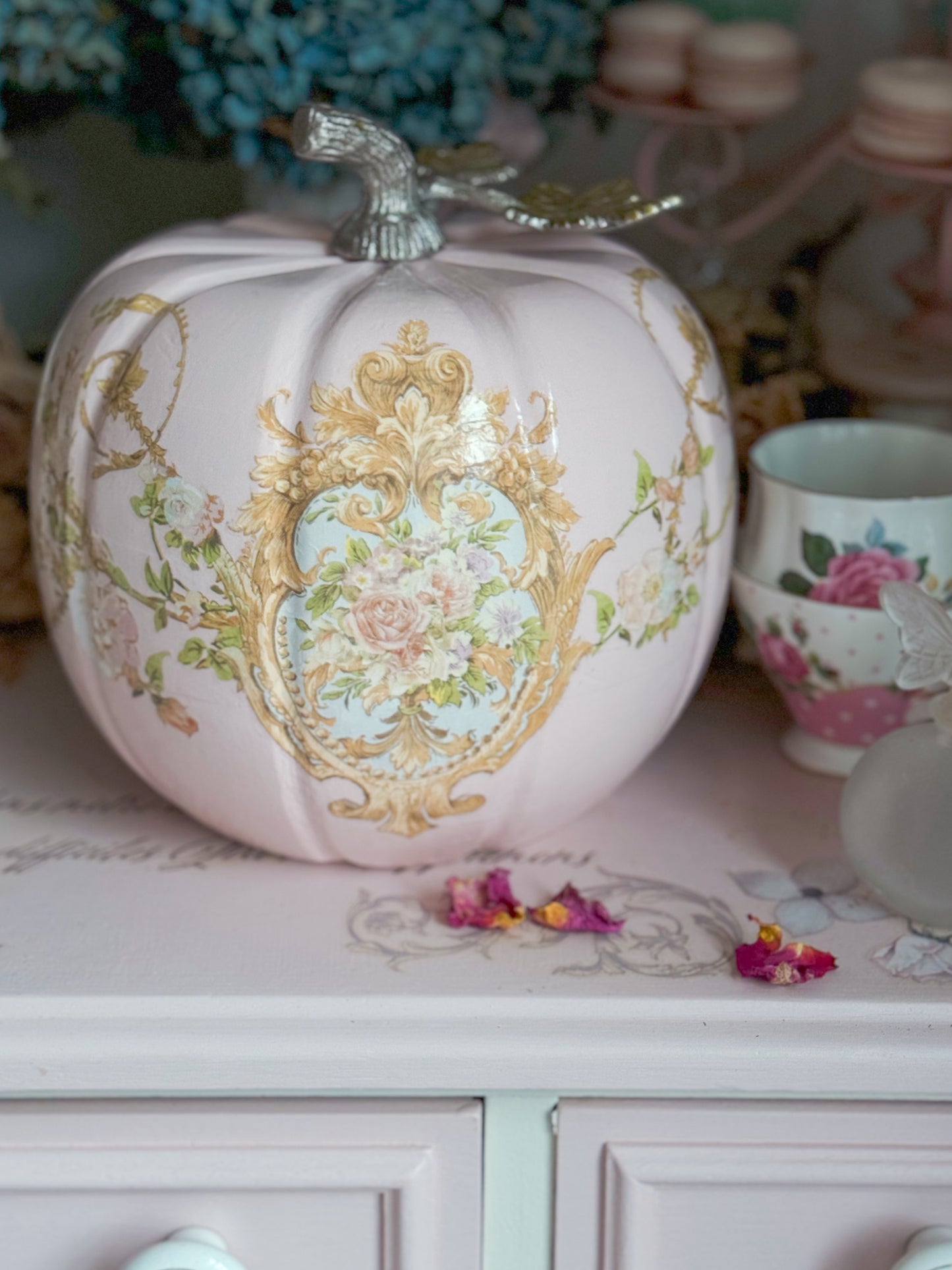 Bespoke Pastel Pink Hand Painted Rococo Inspired Coquette Floral Pumpkin Limited Edition