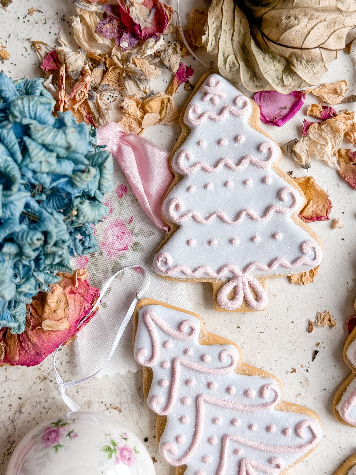 Bespoke Hand Painted Gingerbread Cookie Christmas Tree Ornaments with Pastel Pink Icing