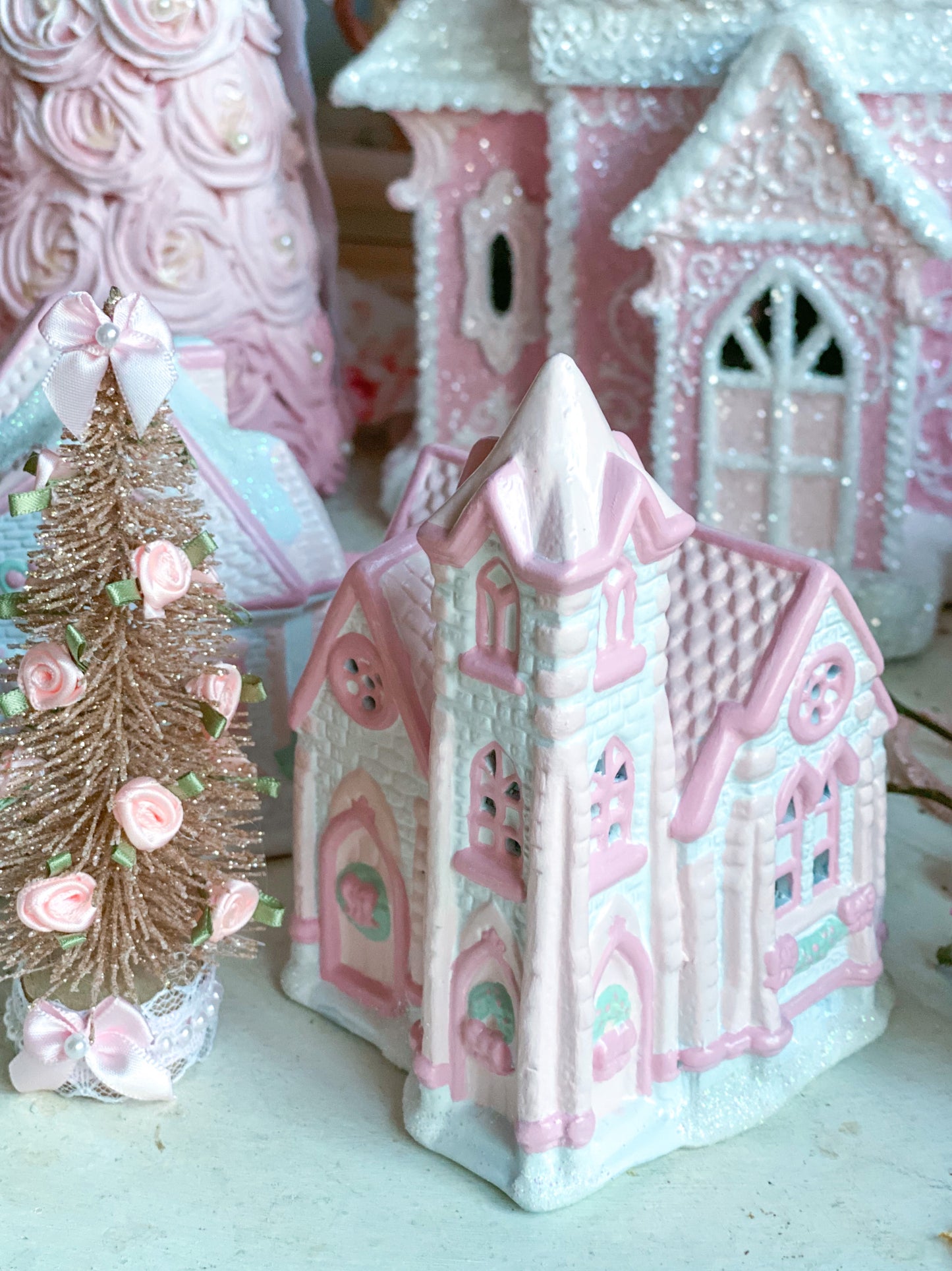 Bespoke Hand Painted Pastel Pink and White Christmas Village Petite Hope Community Church