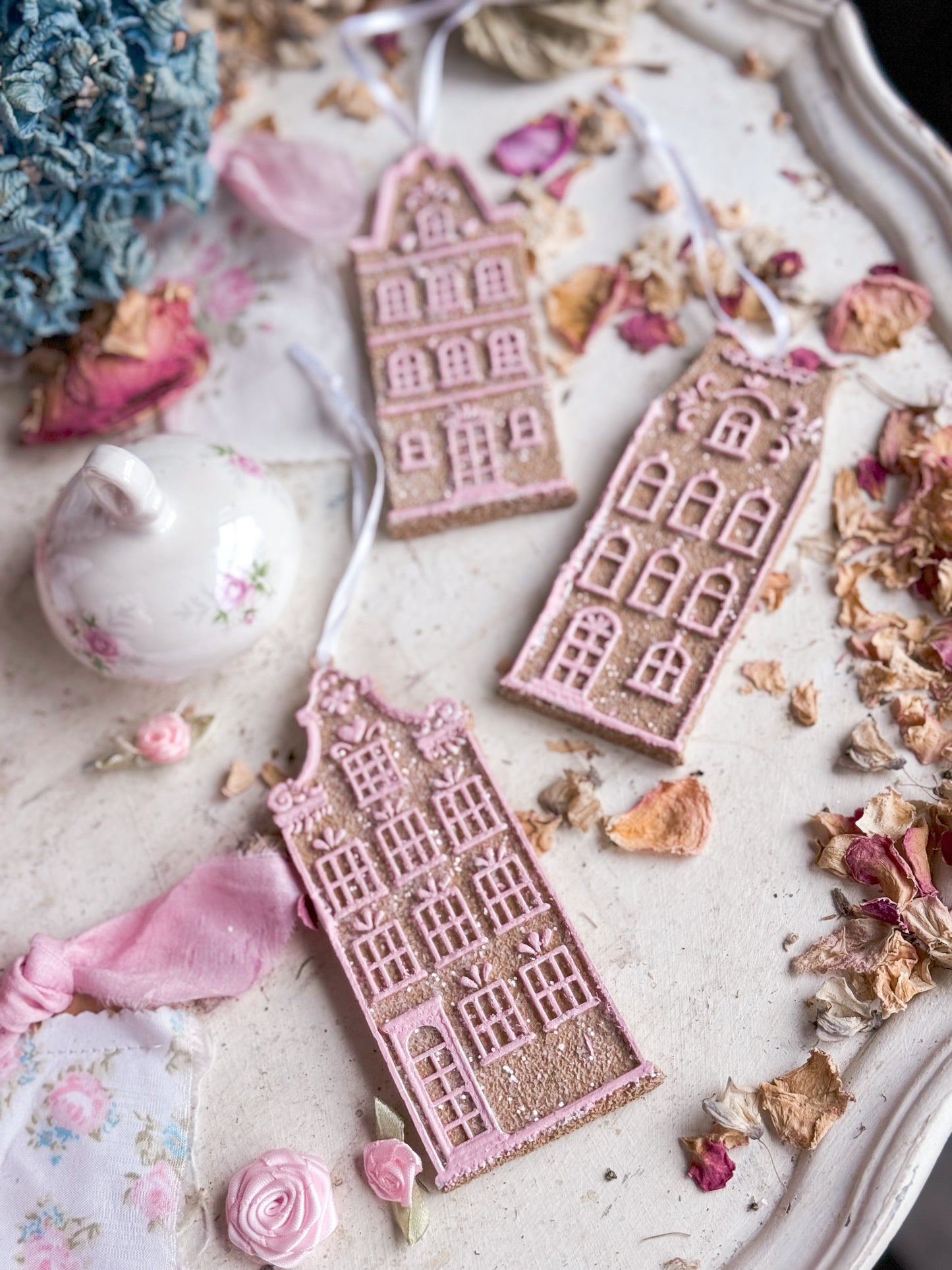 Bespoke Hand Painted Pink Gingerbread Townhouse Christmas Tree Ornaments