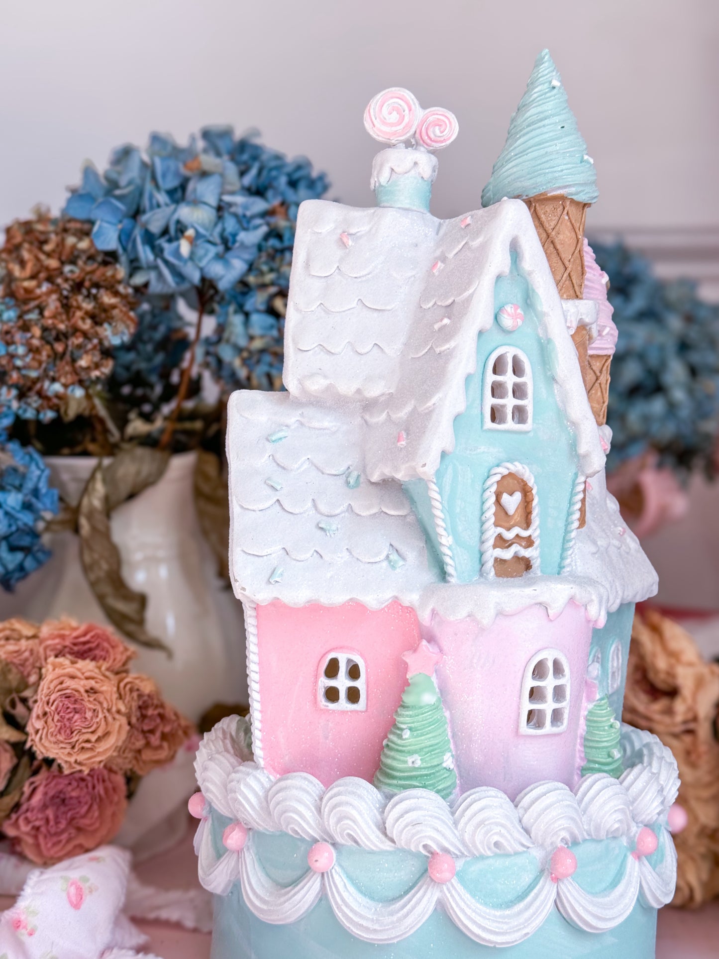 Pastel Pink, Blue and Purple LED light up Gingerbread Christmas Castle Cake