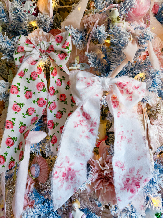 Bespoke Large Christmas Tree Bow Ornament Bundle: Set of 2 Designs Made of Pink & White Hand Torn Rose Ribbon