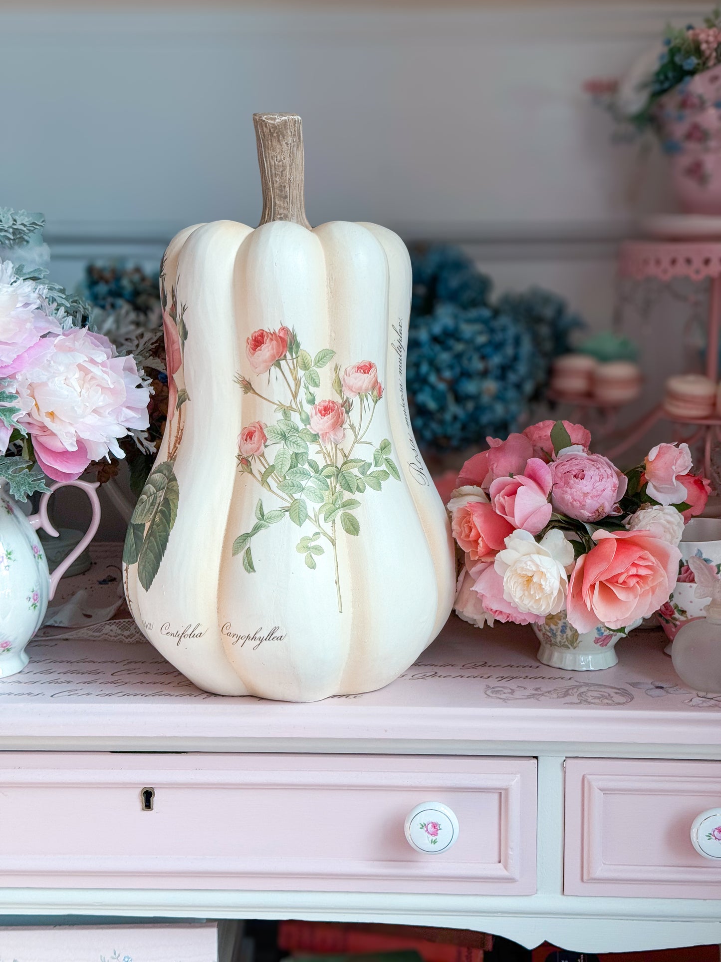 PRE-ORDER: Bespoke Redoute Roses Autumn Pumpkin Gourd with all Pink Roses